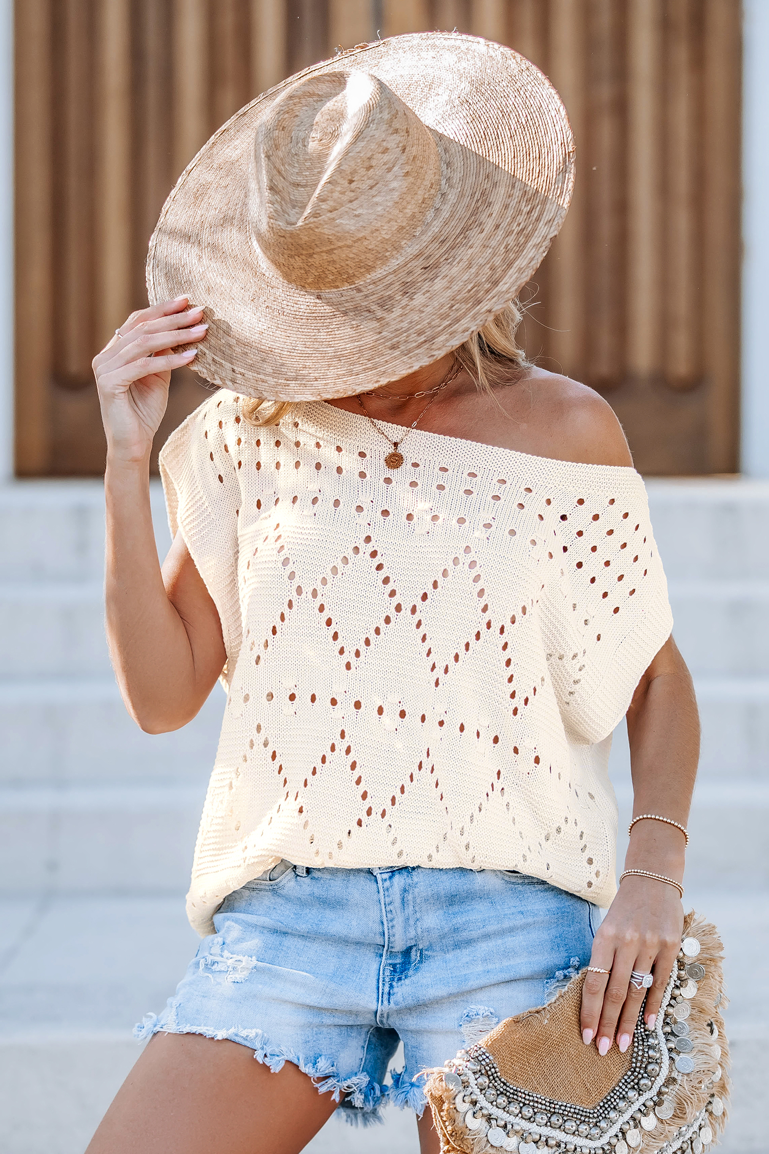 Beige Knit Short Sleeve Top - S