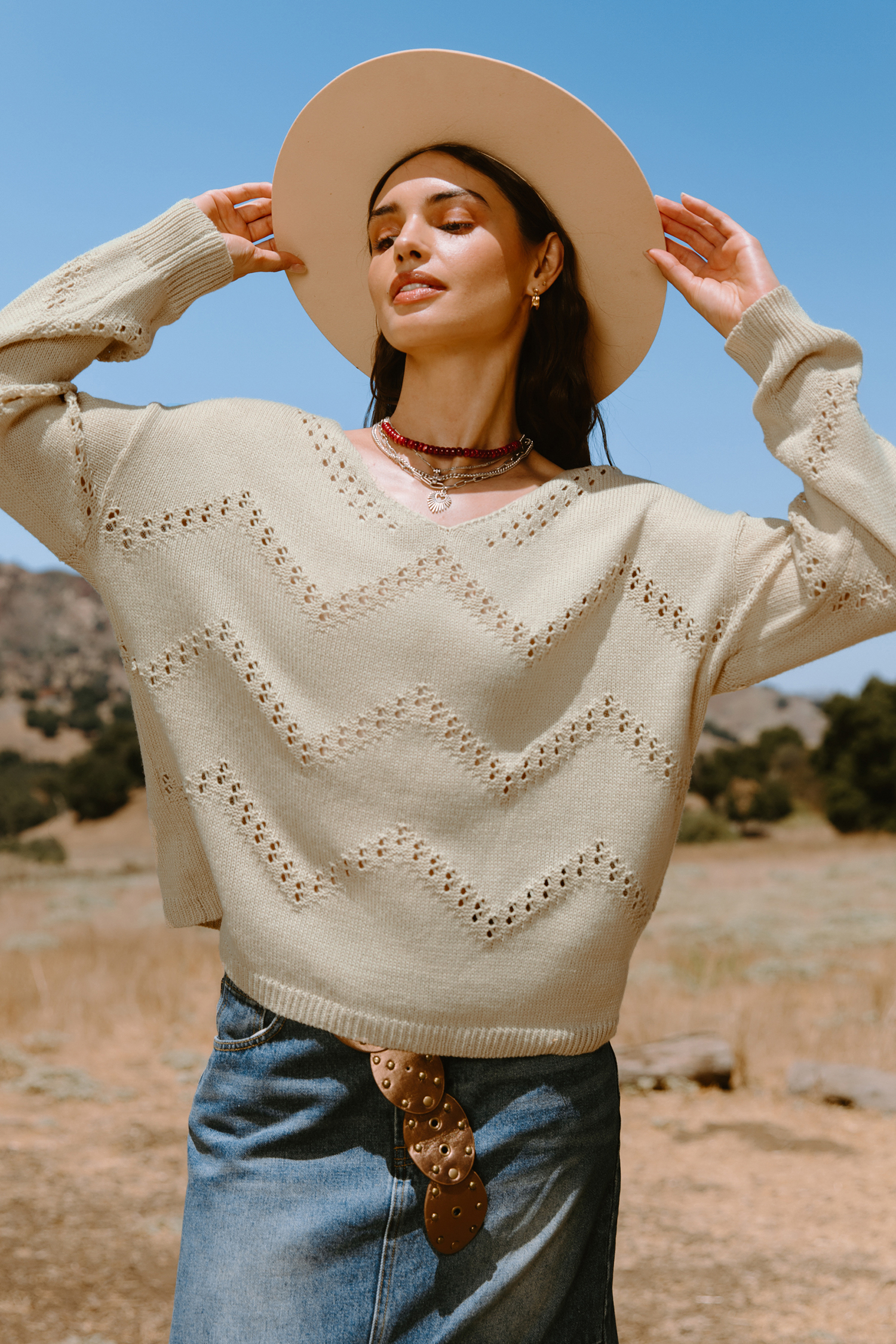 Beige V-Neck Long Sleeve Perforated Knit Top - XL