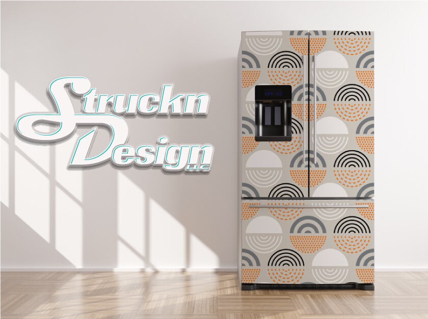 Beige White Orange Patterned Half Circle Refrigerator Fridge Freezer Wrap Side By Top Bottom Door Vinyl Mural Skin Decal Removable