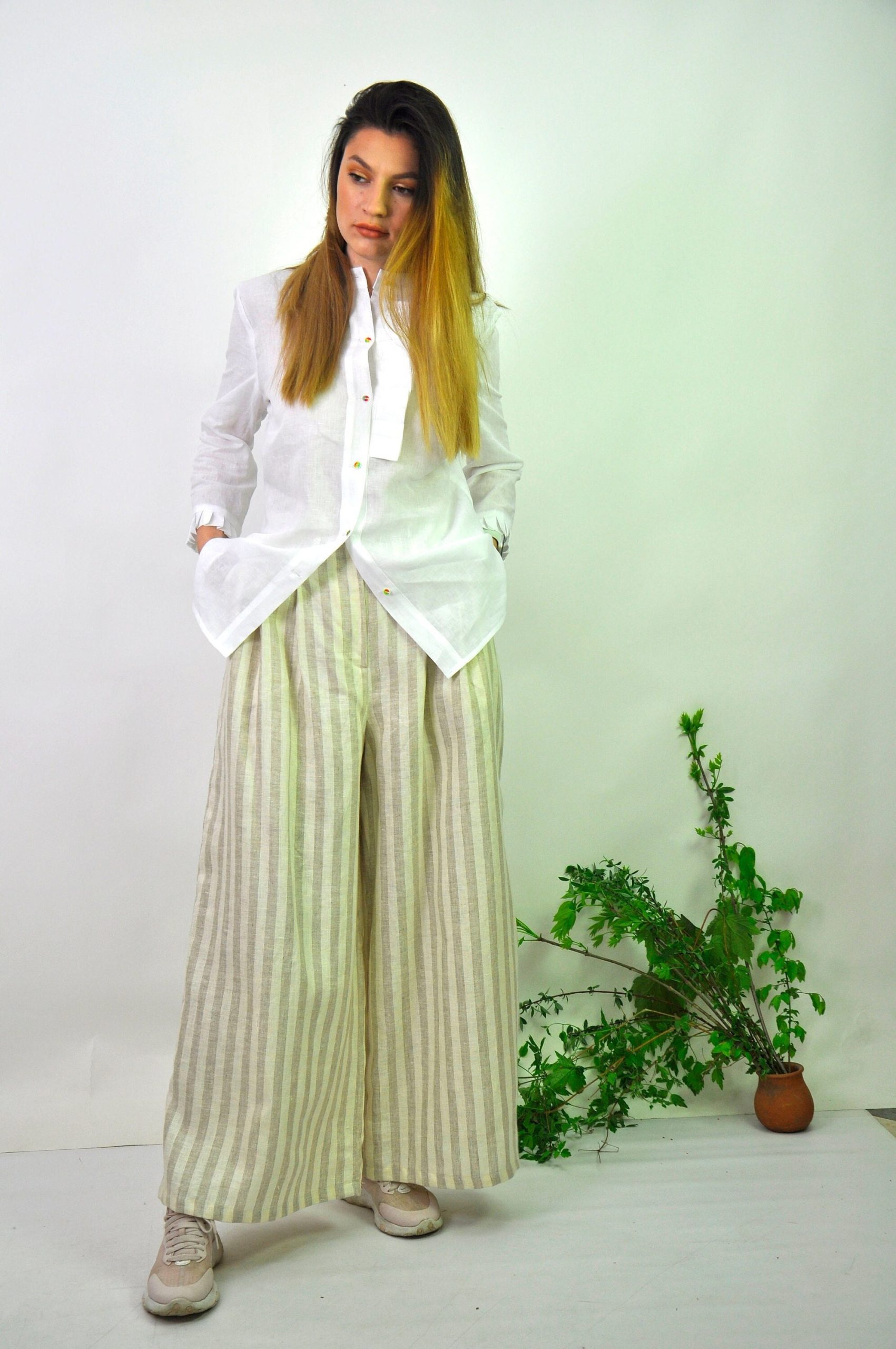 Beige & Cream Summer Palazzo Linen Pants, Flared Breezy Wide Leg Long Beach Trousers, Maxi Airy Pants Women