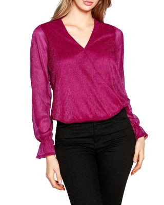 Belldini Black Label Women's Lurex Blouson Sleeve Wrap Top, Raspberry, X-Large