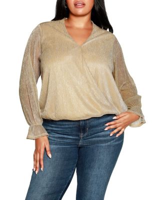 Belldini Black Label Women's Plus Size Lurex Blouson Sleeve Wrap Top, Champagne