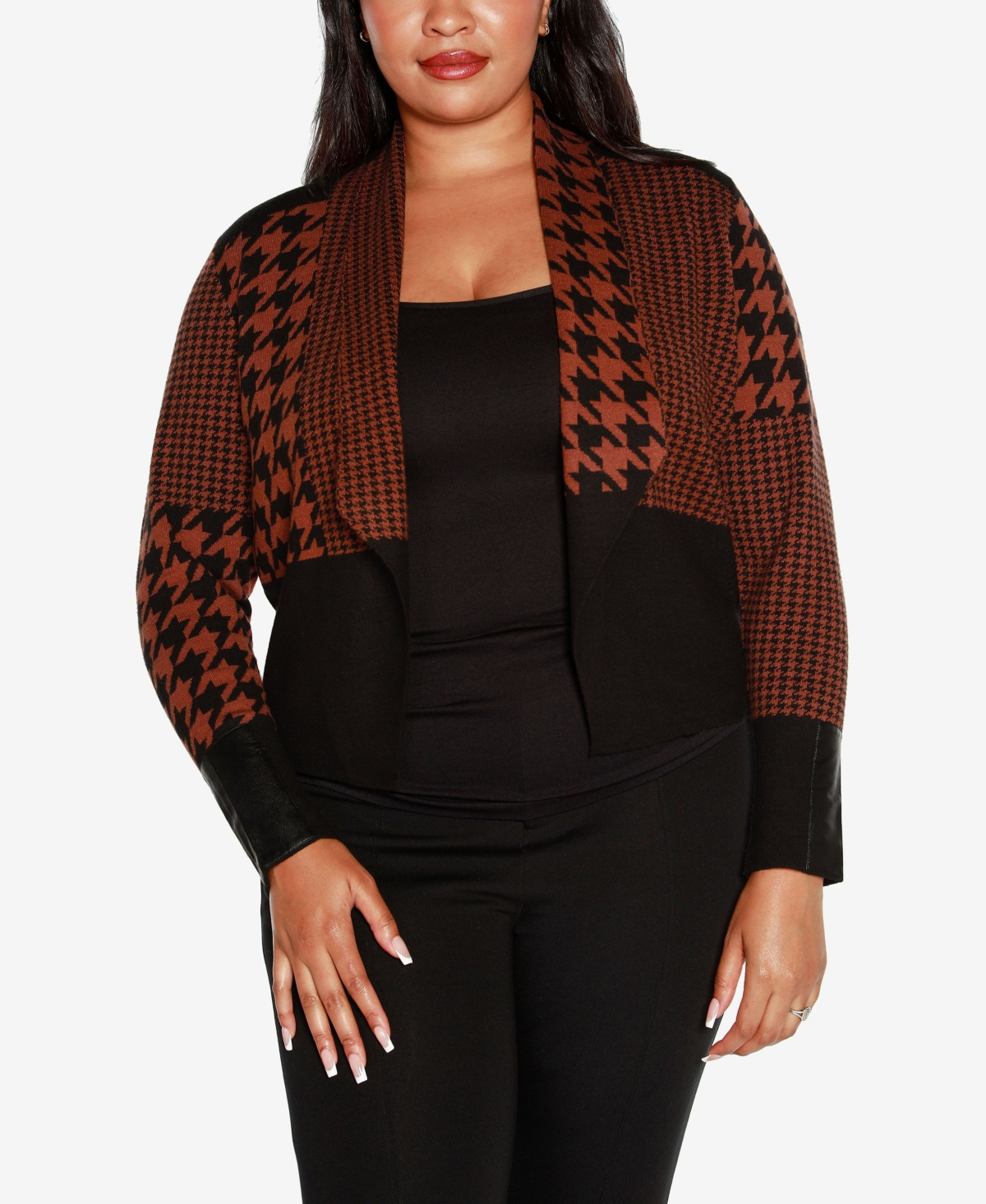 Belldini Black Label Women's Plus Size Multi Houndstooth Cropped Sweater Blazer - Black, Mahogany