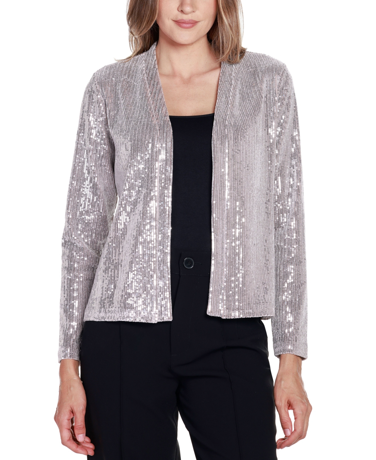 Belldini Women's Black Label Stretch Velvet Sequin Knit Cardigan Top - Silver