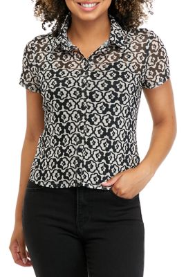 Belle du Jour Juniors' Short Sleeve Collar Mesh Top, Black, XS