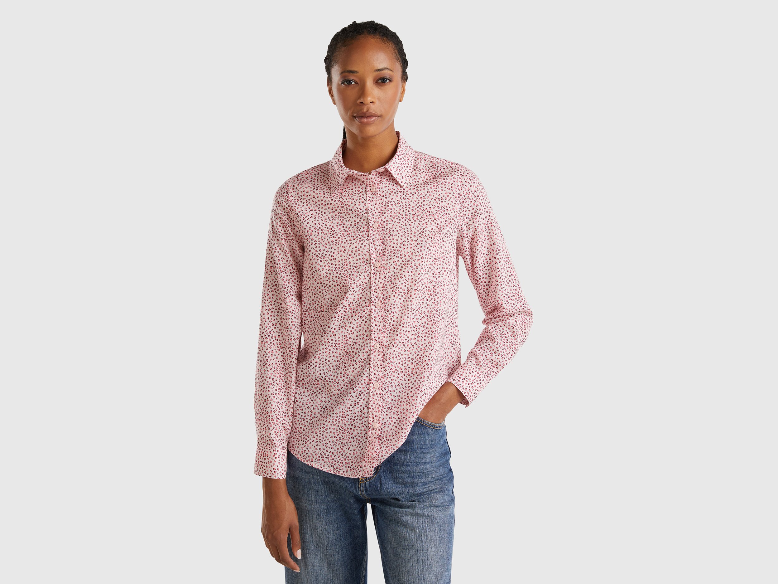 Benetton, 100% Cotton Patterned Shirt, size XXS, Pastel Pink, Women