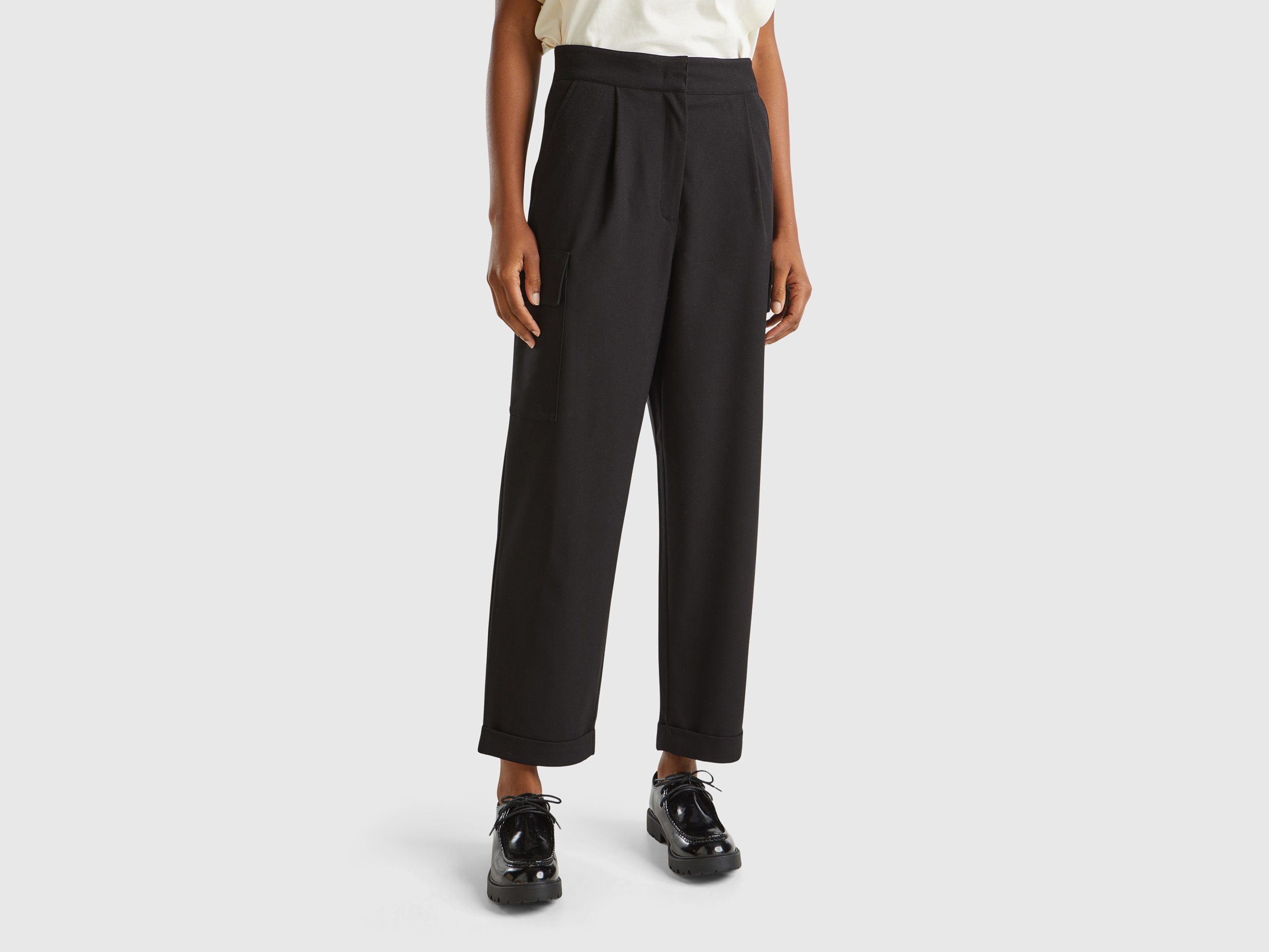 Benetton, Cargo Trousers In Viscose Blend, size , Black, Women