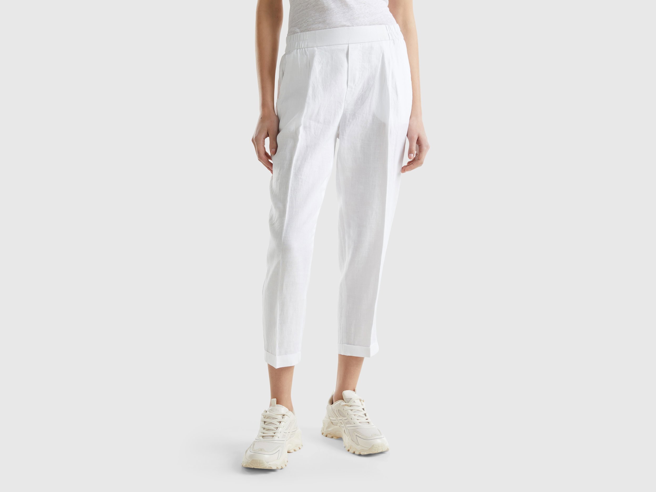 Benetton, Cropped Trousers In 100% Linen, size XXS, White, Women