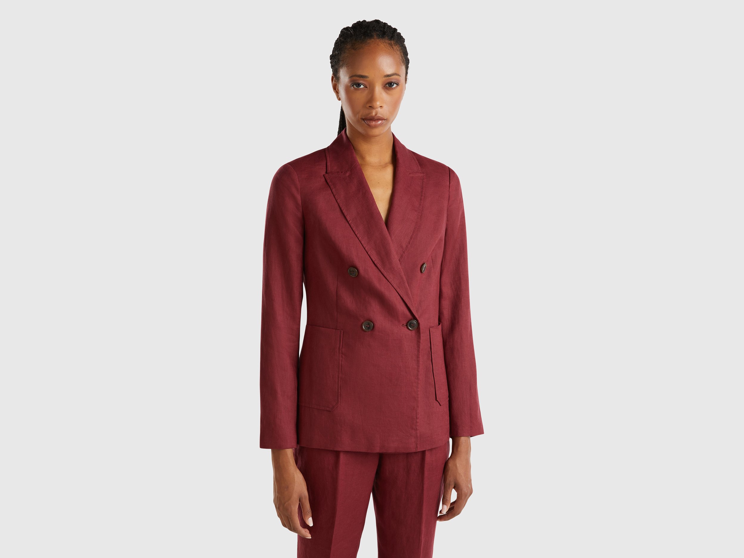 Benetton, Double-breasted Blazer In Pure Linen, size , Burgundy, Women