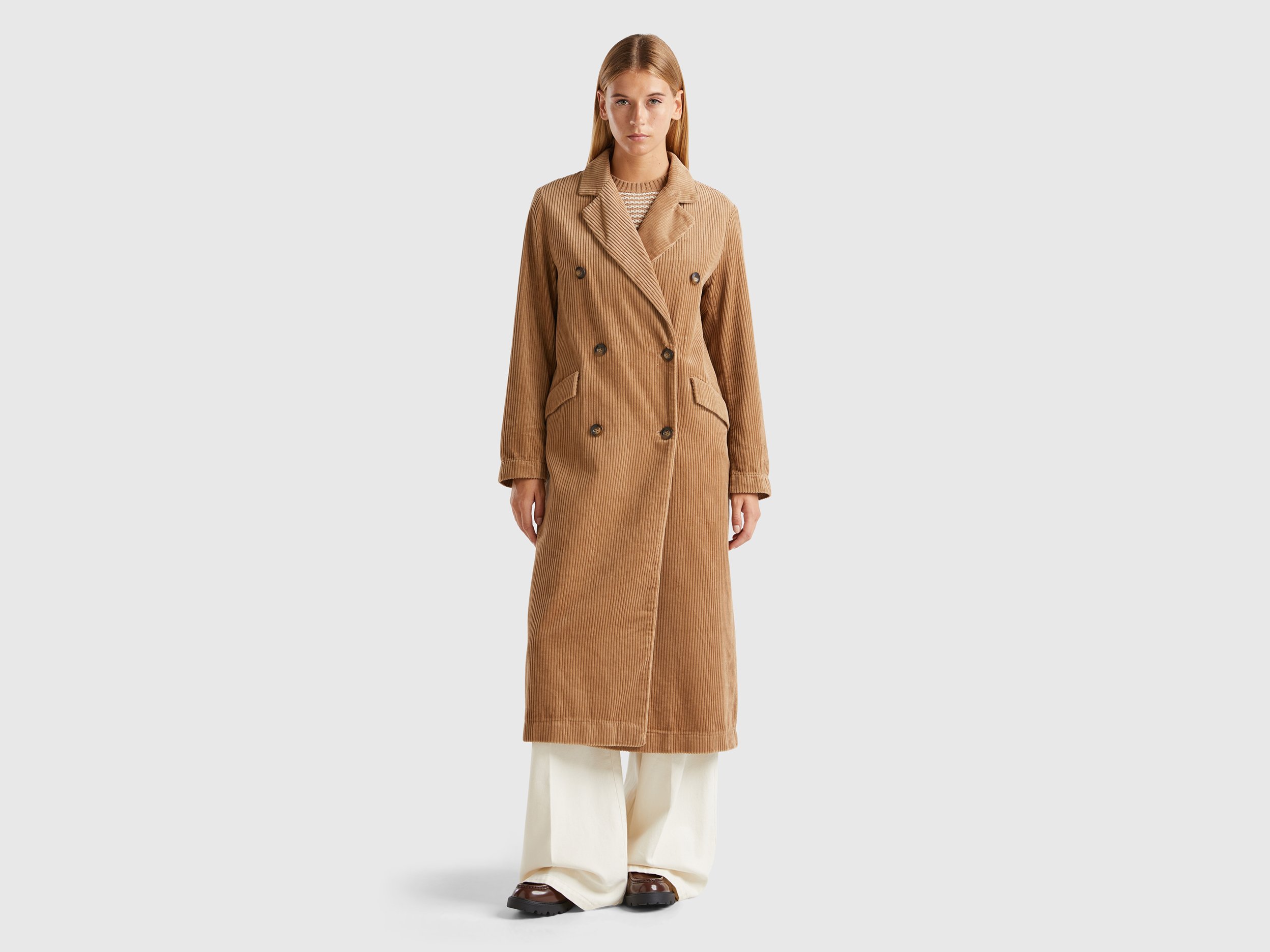 Benetton, Double-breasted Velvet Trench Coat, size , Camel, Women