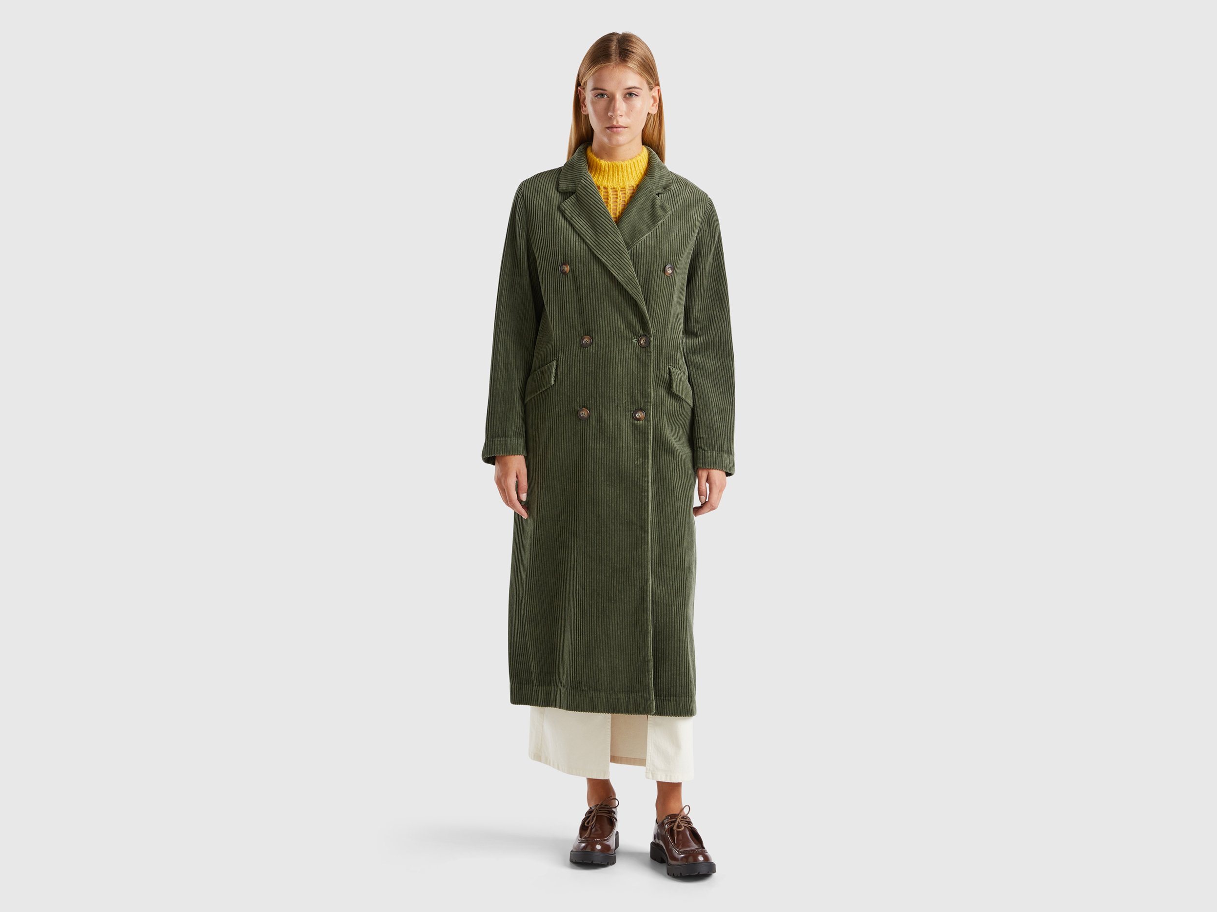 Benetton, Double-breasted Velvet Trench Coat, size , Military Green, Women