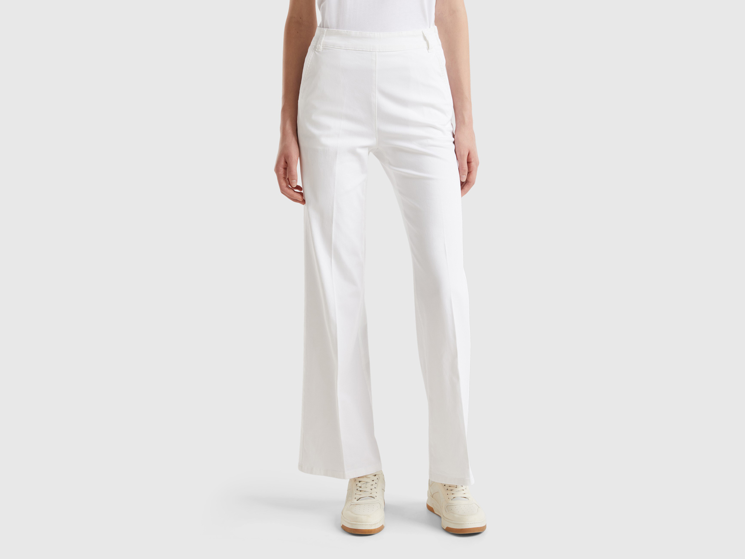 Benetton, Flared Trousers In Stretch Cotton, size , White, Women