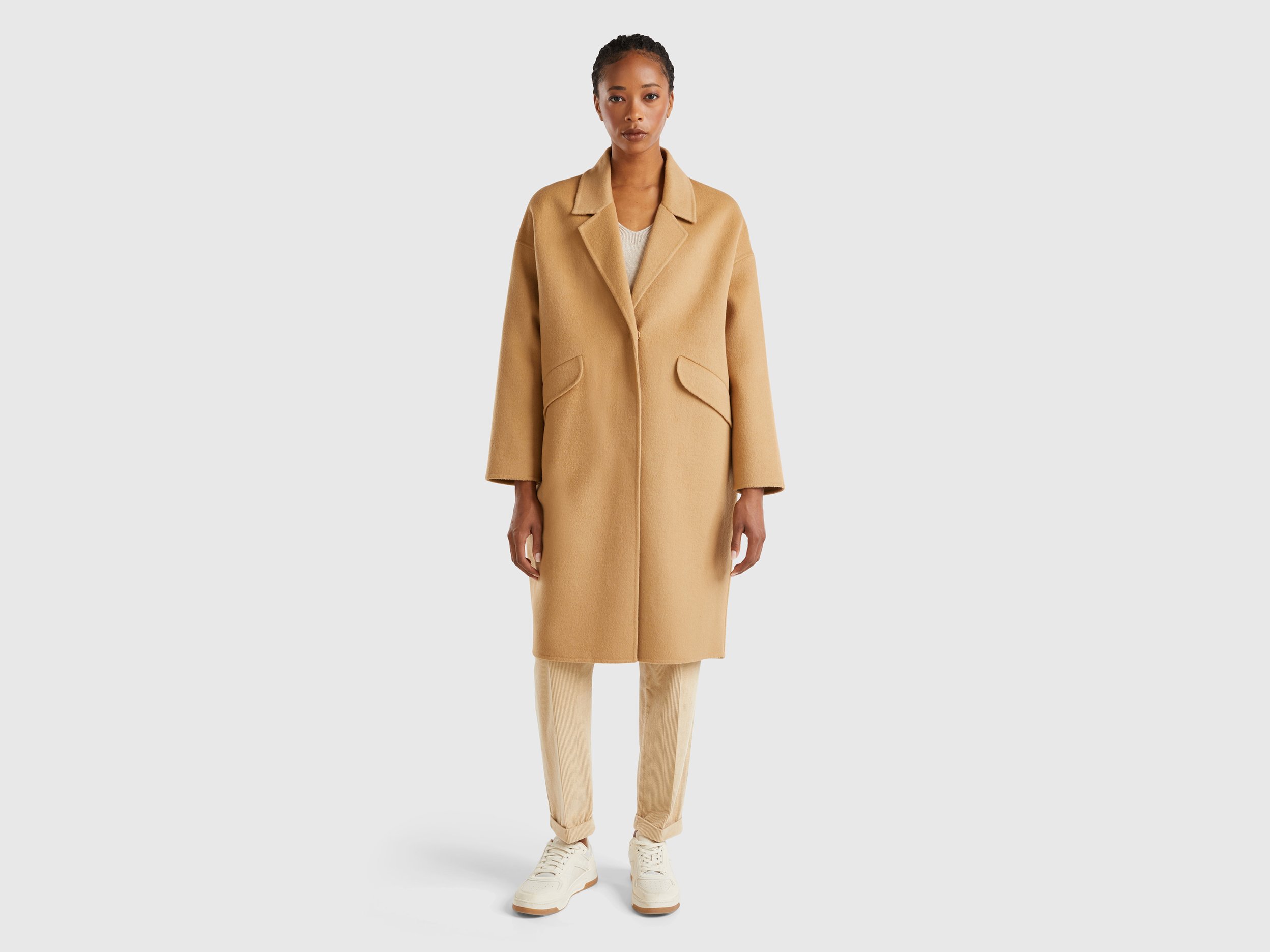 Benetton, Midi Coat In Wool Blend, size M, Camel, Women