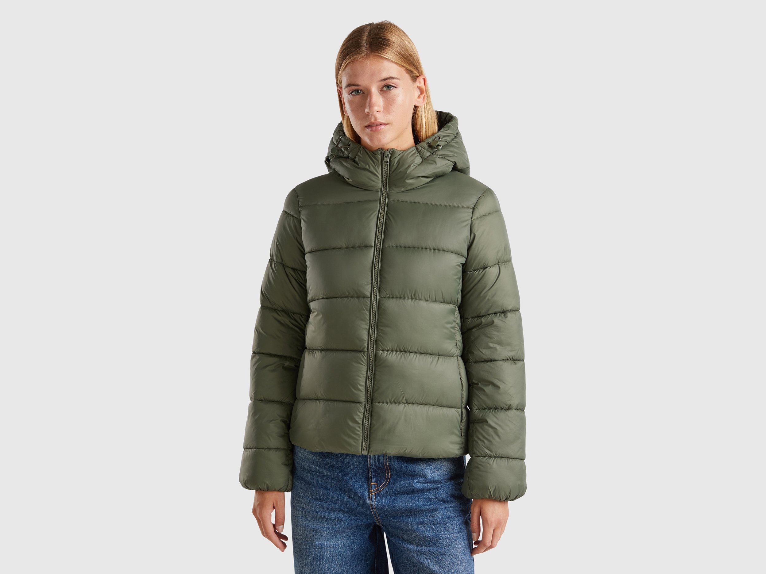 Benetton, Padded Puffer Jacket With Recycled Wadding, size L, Military Green, Women