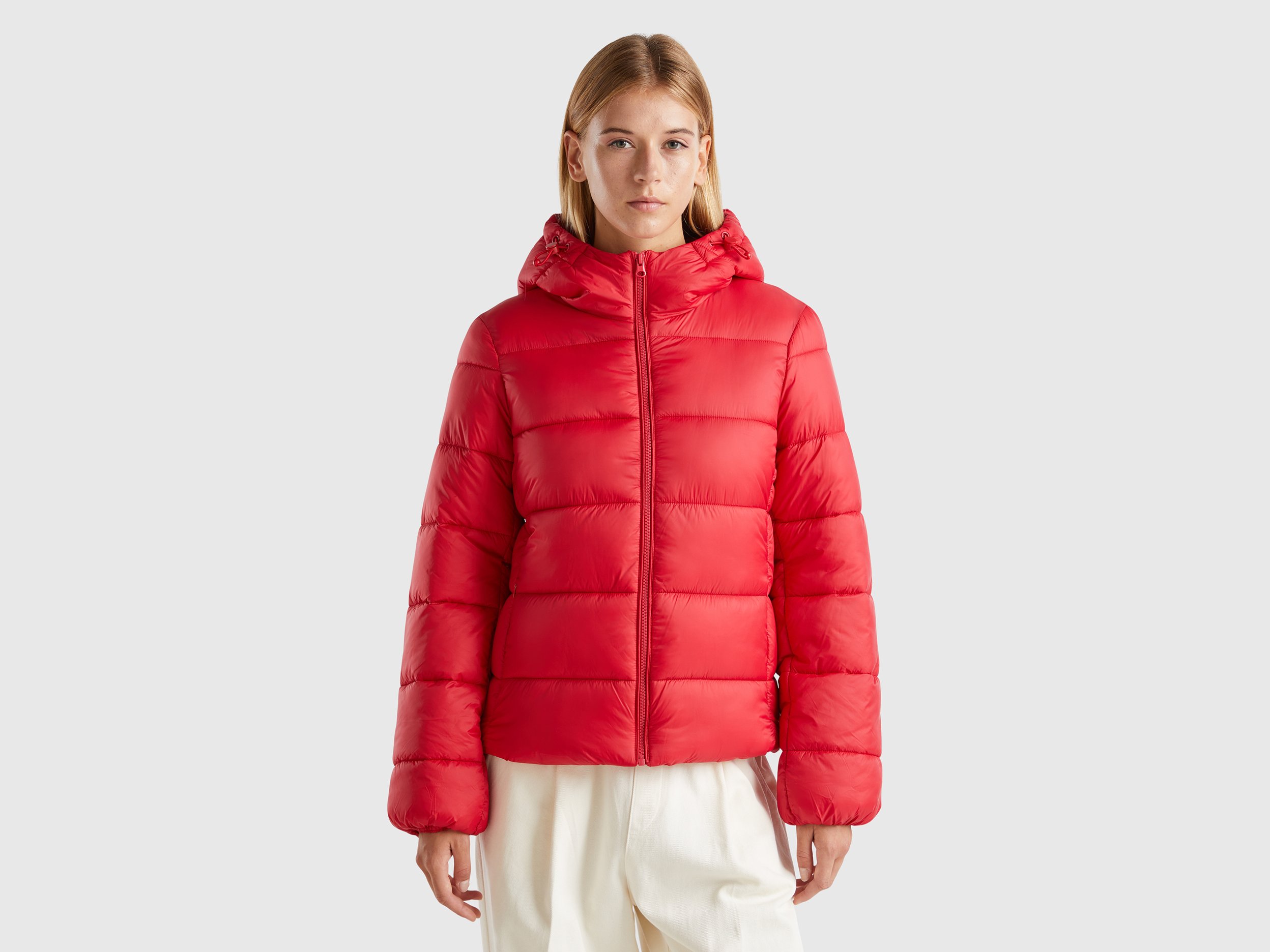 Benetton, Padded Puffer Jacket With Recycled Wadding, size XS, Red, Women