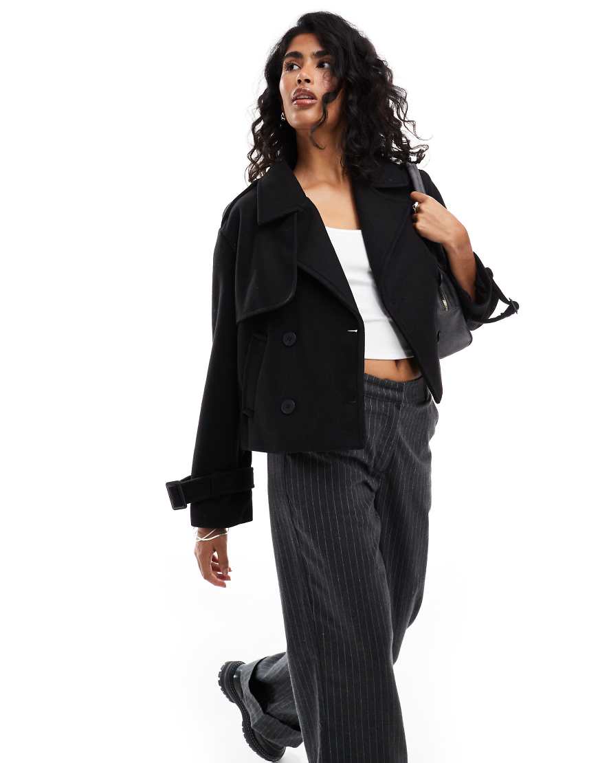 Bershka cropped wool look trench coat in black