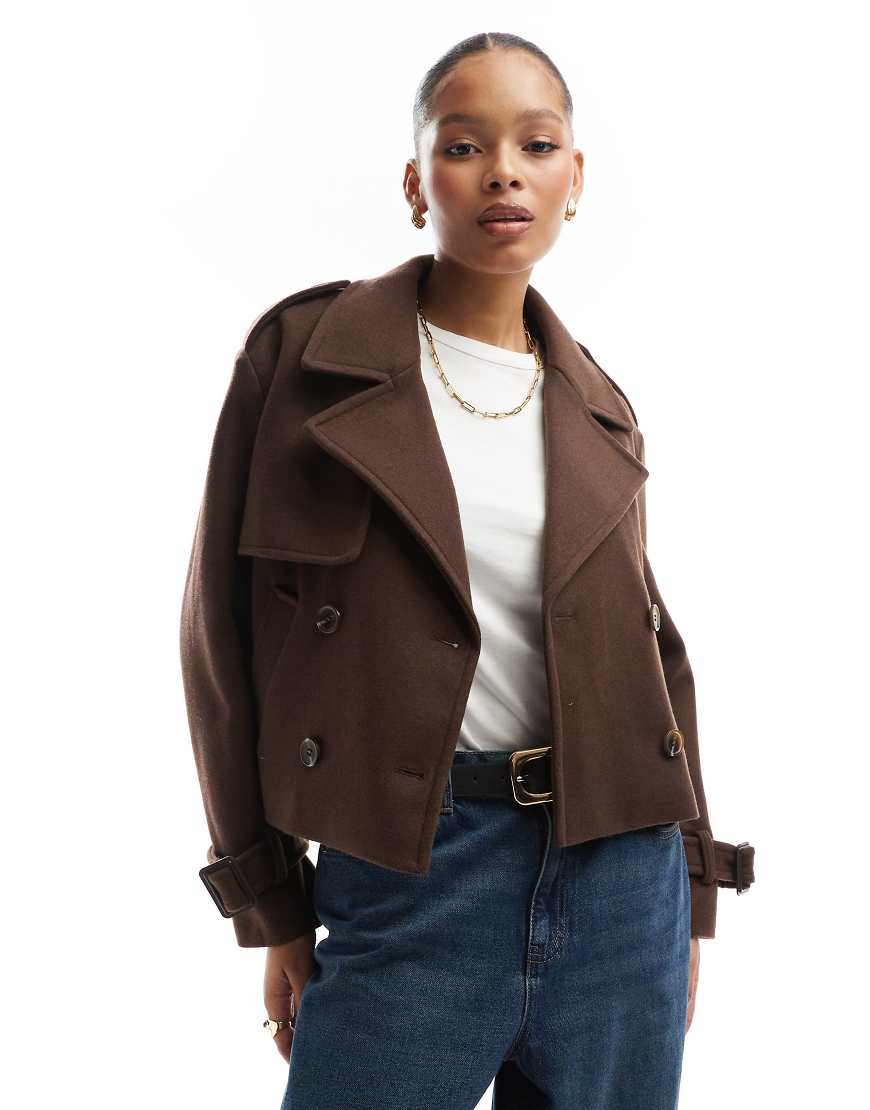 Bershka cropped wool look trench coat in chocolate-Brown