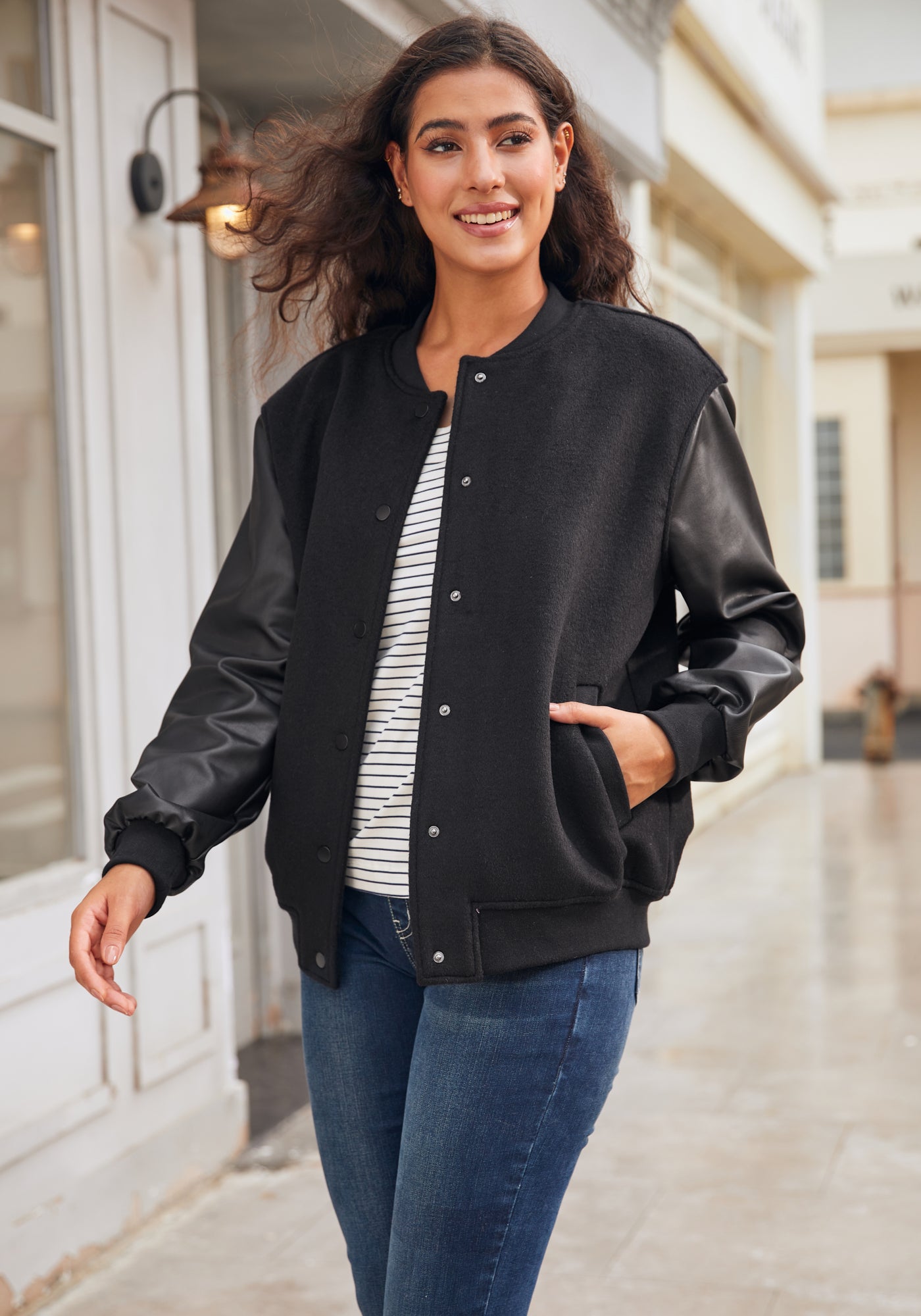 Betabrand Women's LuxeWool Varsity Jacket | Black | Size XS