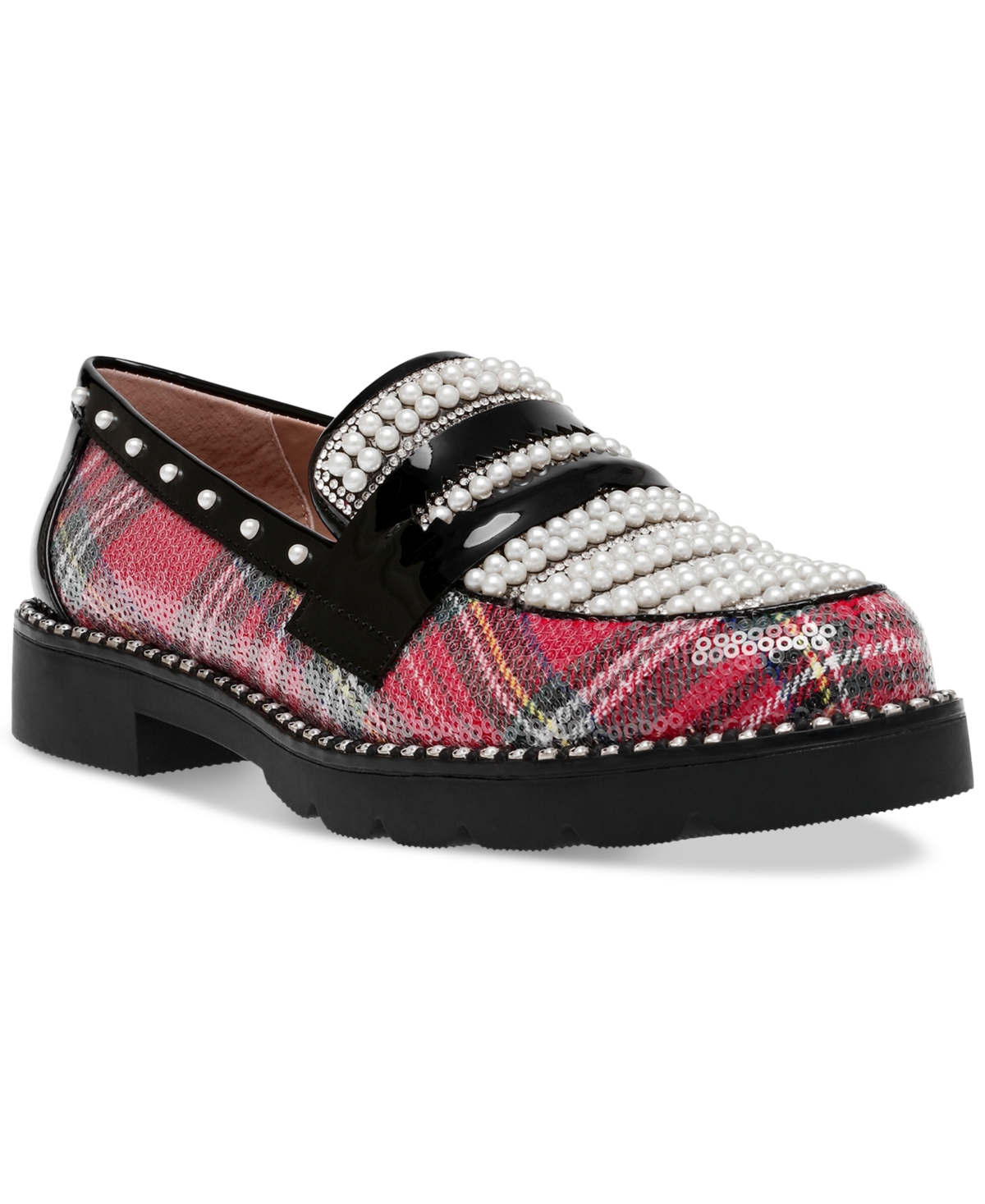 Betsey Johnson Women's Darian Pearl-Embellished Tailored Lug-Sole Loafers - Red Plaid