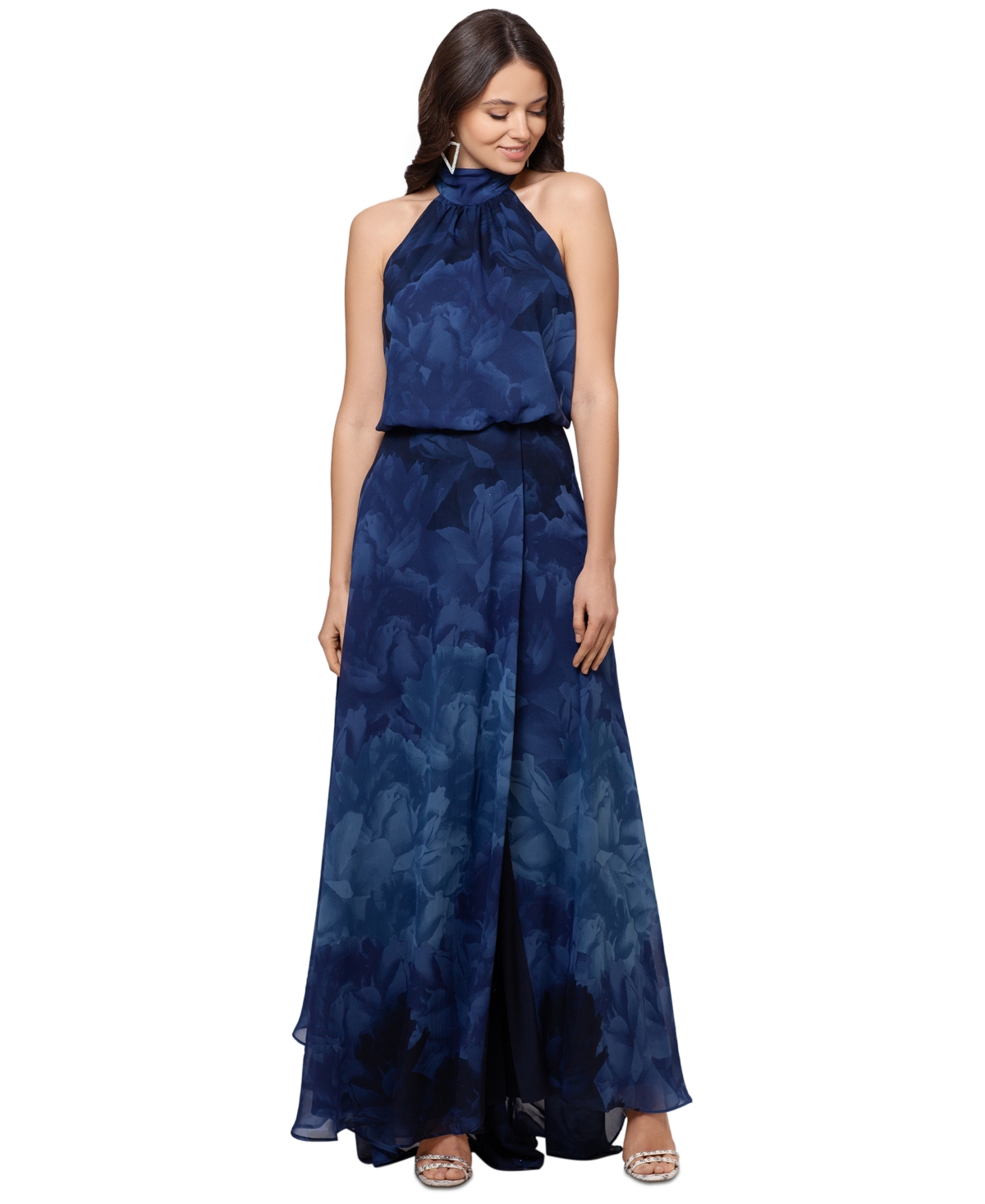 Betsy & Adam Petite Floral-Chiffon Halter-Neck Gown - Navy