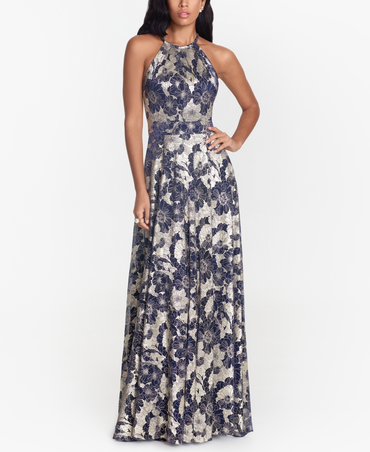 Betsy & Adam Petite Floral Halter-Neck Gown - Navy/Gold Floral