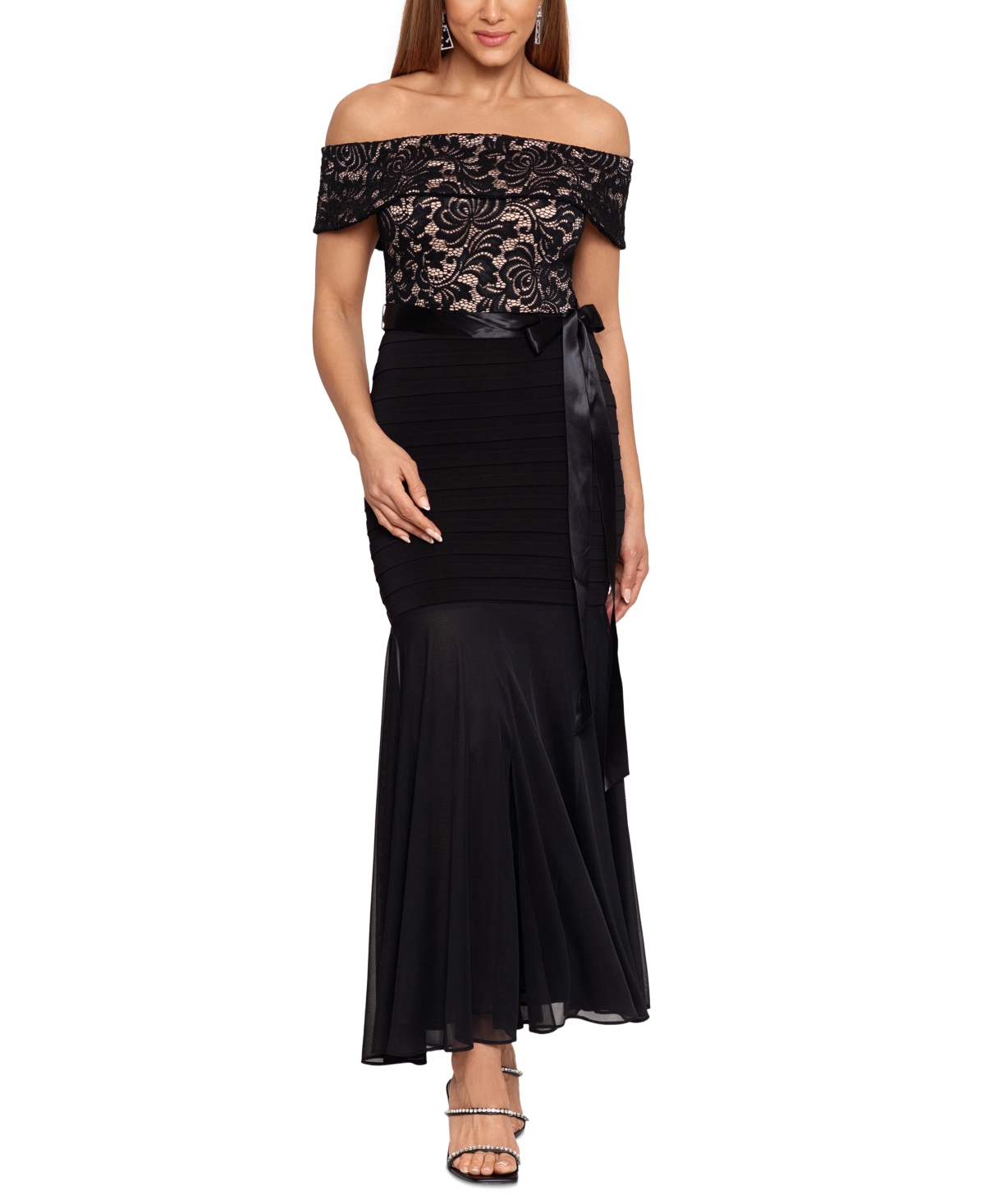 Betsy & Adam Petite Lace-Top Off-The-Shoulder Gown - Black/Nude