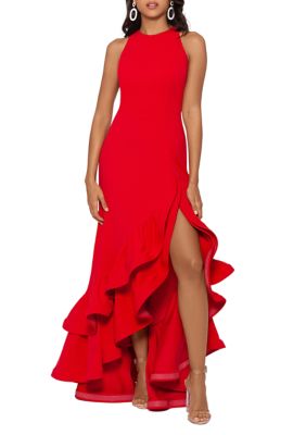 Betsy & Adam Women's Halter Neck Ruffle Tier Scuba Crepe Gown, Red, 2