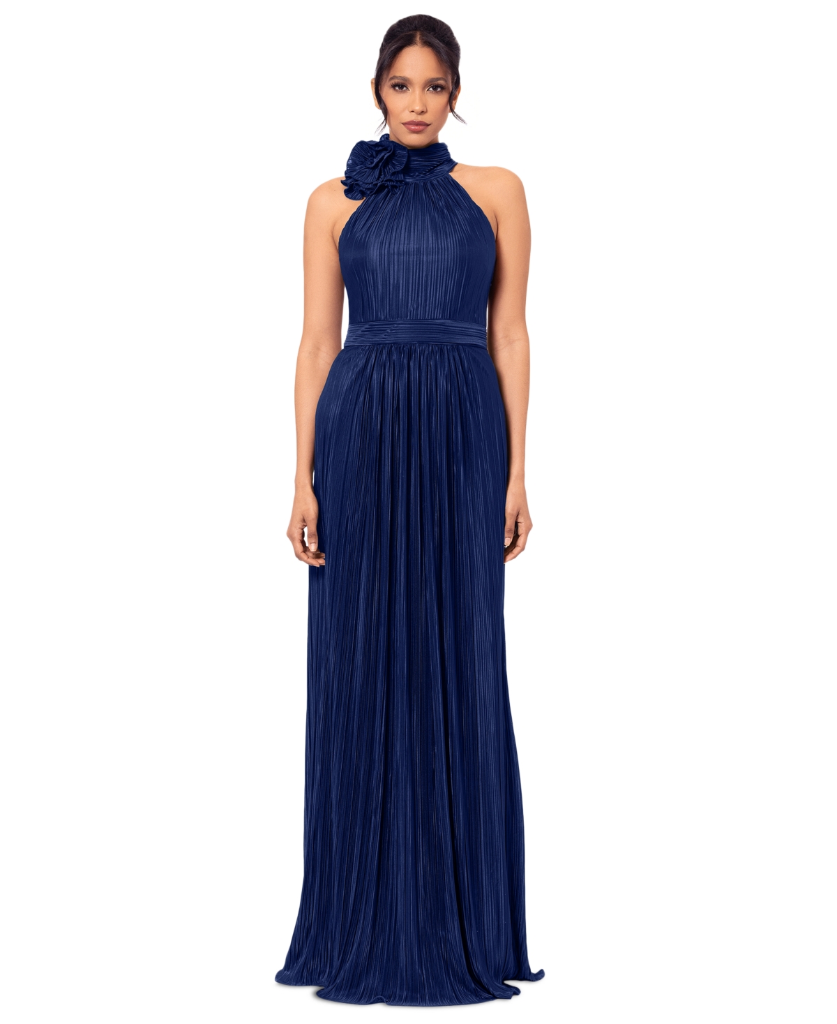 Betsy & Adam Women's Mock Neck Pleated Halter Gown - Navy