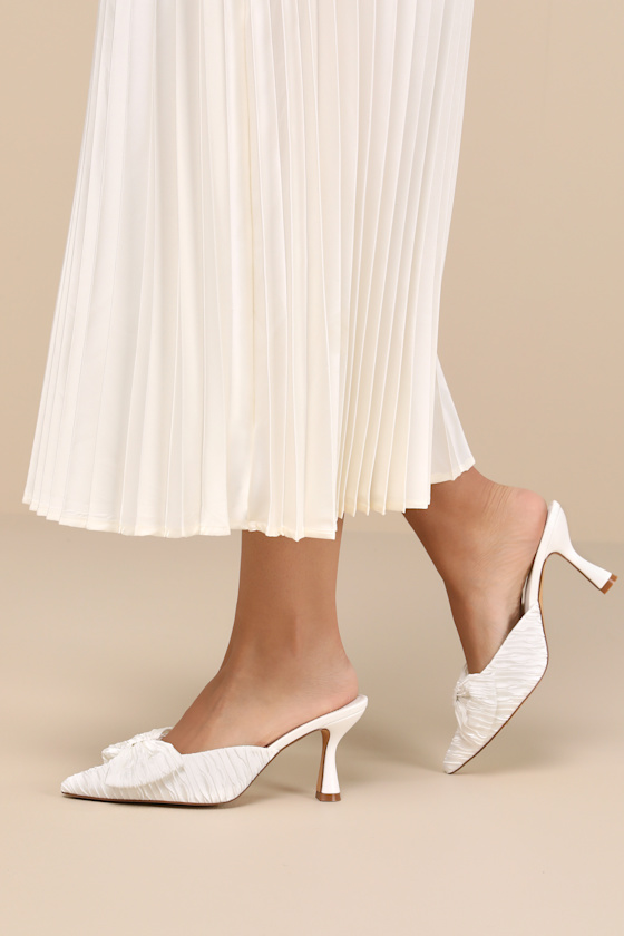 Bettanie White Satin Textured Bow High Heel Mules