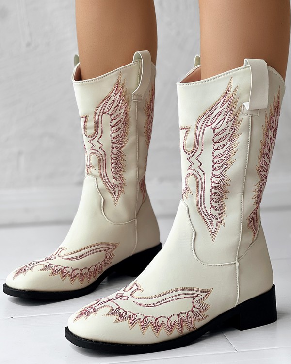 Bird Embroidery Cowgirl Chunky Heel Vintage Ankle Boots