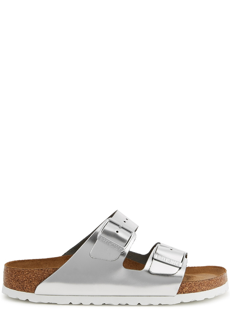 Birkenstock Arizona Metallic Silver Leather Sliders - 5