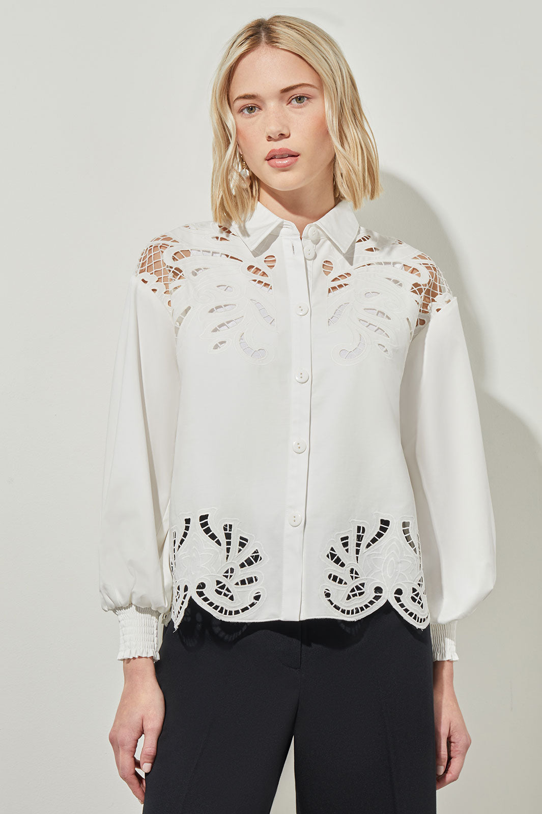 Bishop Sleeve Blouse - Floral Lace Stretch Cotton, White