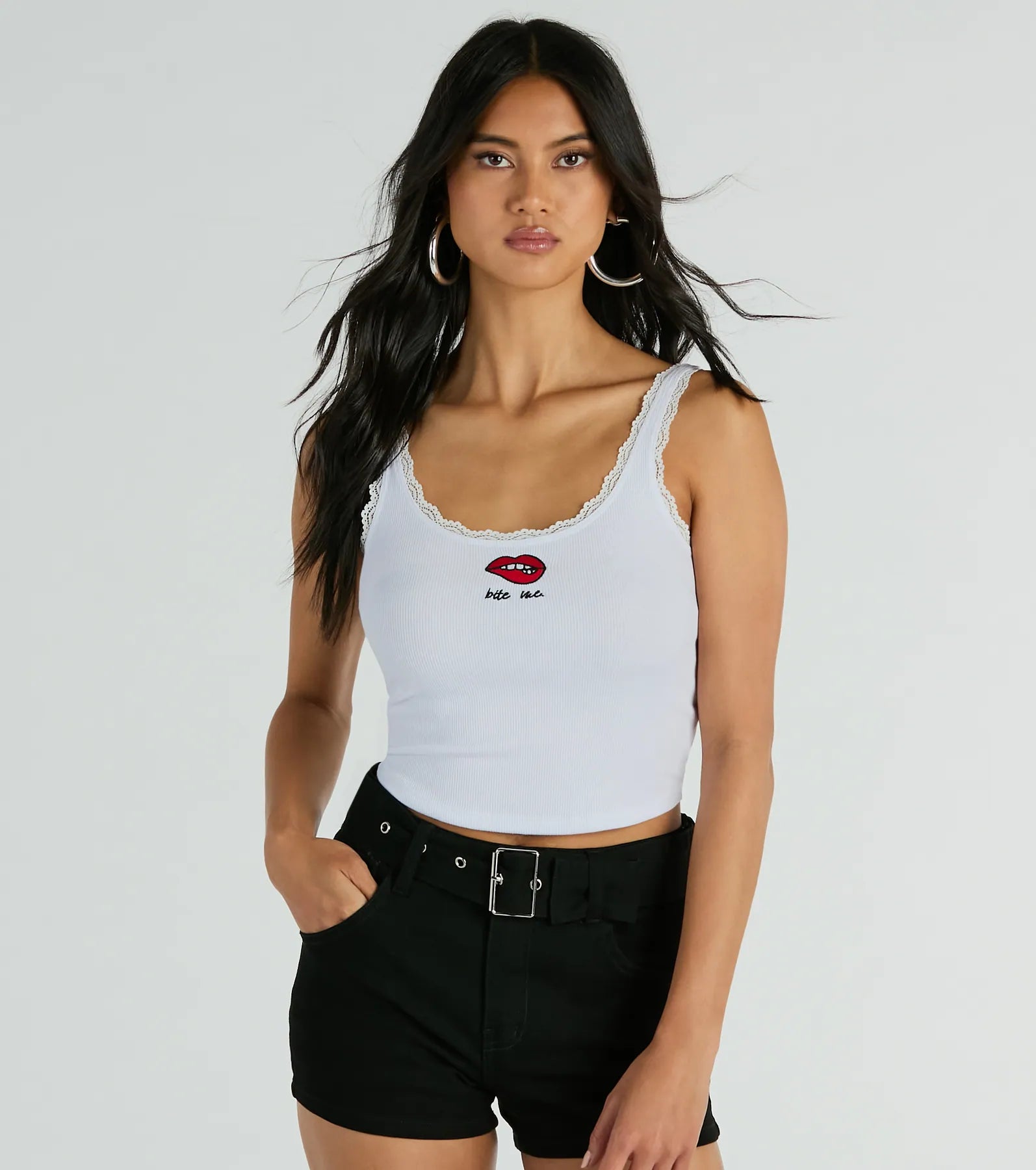 Bite Me Lace Trim Scoop Neck Crop Tank Top