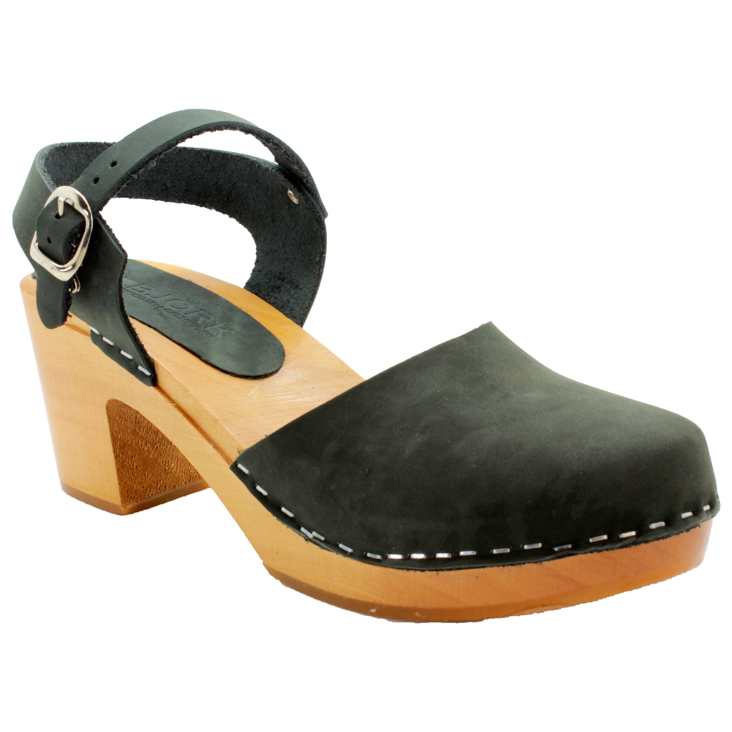 Bjork Margareta Wooden Clog Sandals in Forest Green Oiled Leather