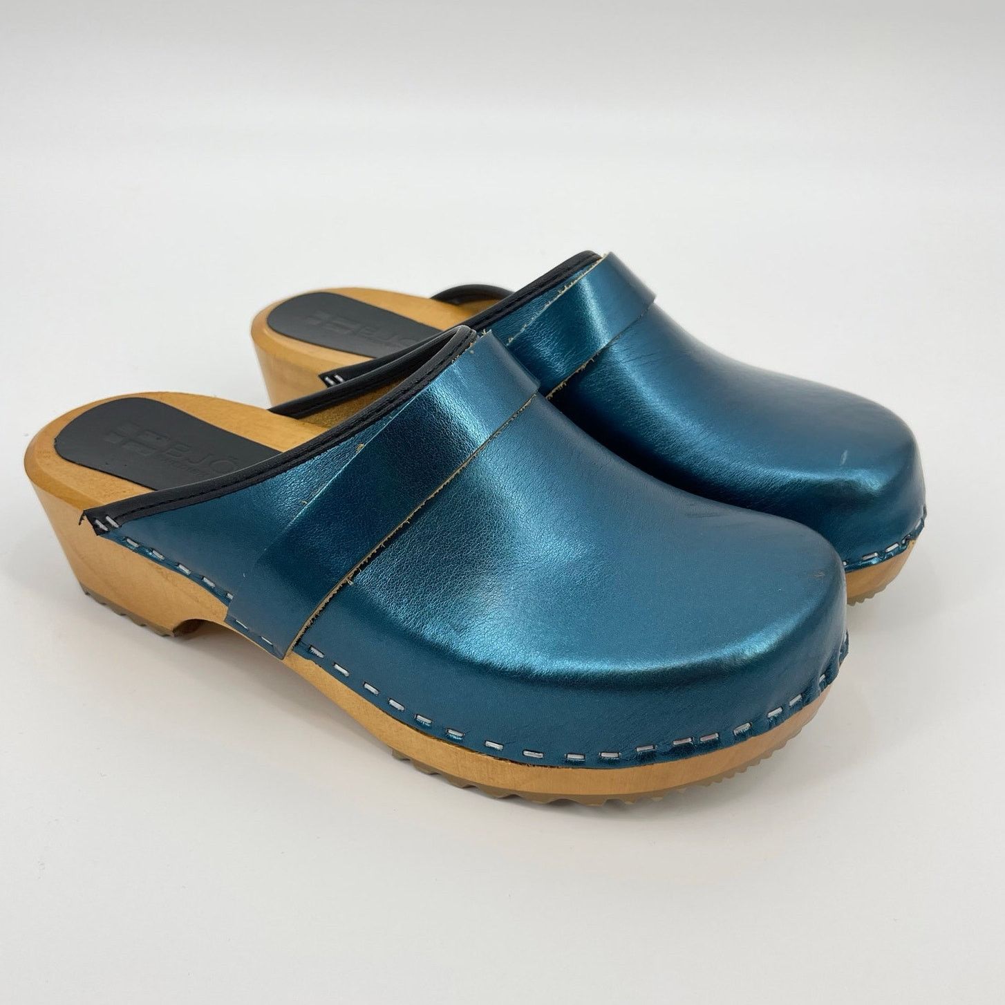 Bjork | New Maja Clogs Emerald Teal Metallic Leather 39 Shoes in Blue, Women's (Size 8.5)