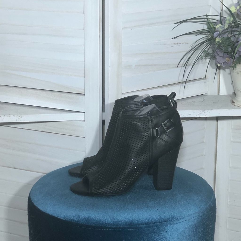 Black Ankle Boots Mesh Texture Peep Toe Buckle Decor Size 8.5, Women's