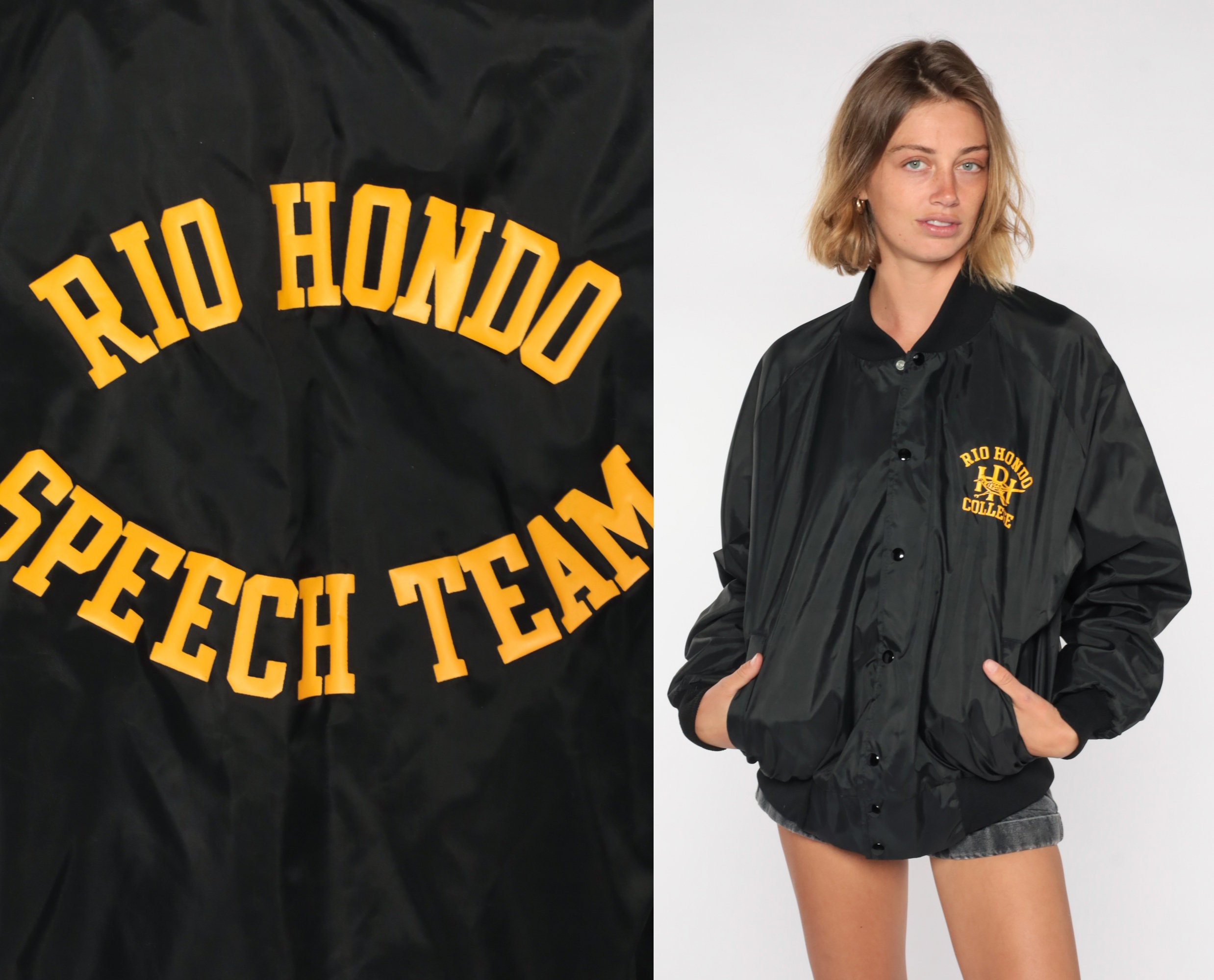 Black Bomber Jacket Rio Hondo Speech Team 80S 90S College Whittier California Windbreaker Varsity Retro Snap Up 1980S Vintage Extra Large Xl