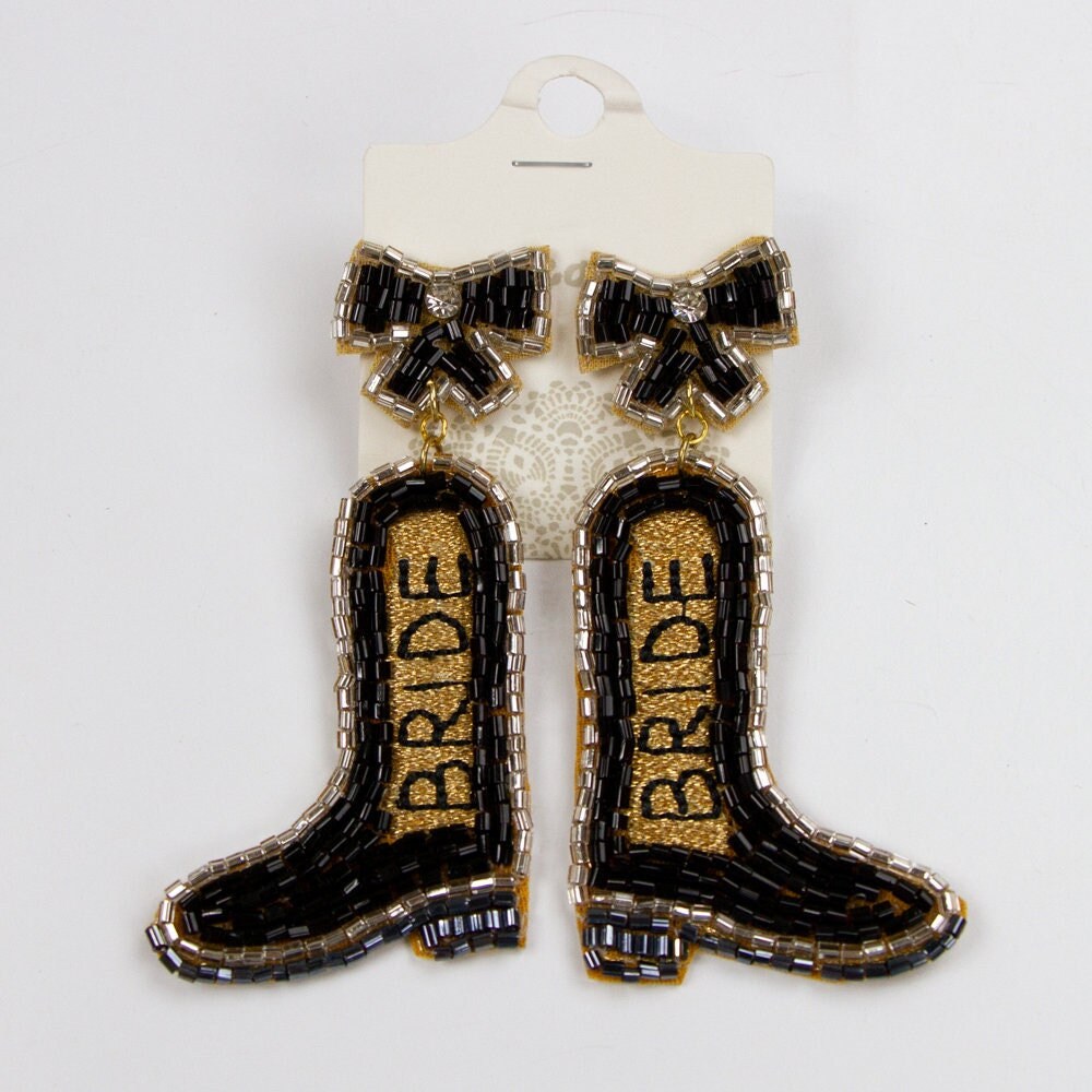 Black Bride Boot Earrings, Cowboy Beaded Bachelorette Party Austin Nashville