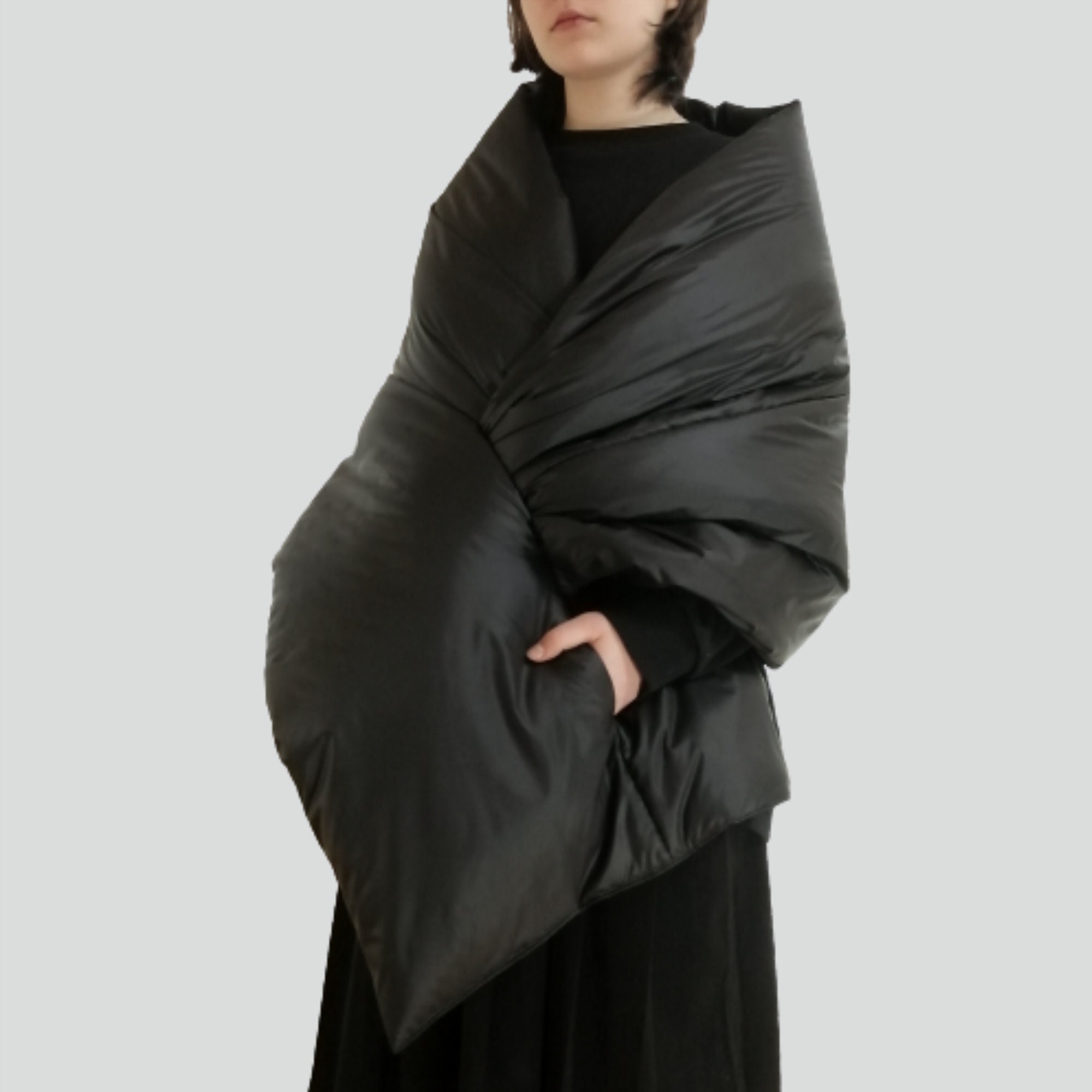 Black Cape Around Shoulders Wrap. Woman's Large Puffer Shawl-Vest 20x80 In. Quilted Blanket Shawl With 2 Pockets. Warm Winter Puffer Jacket