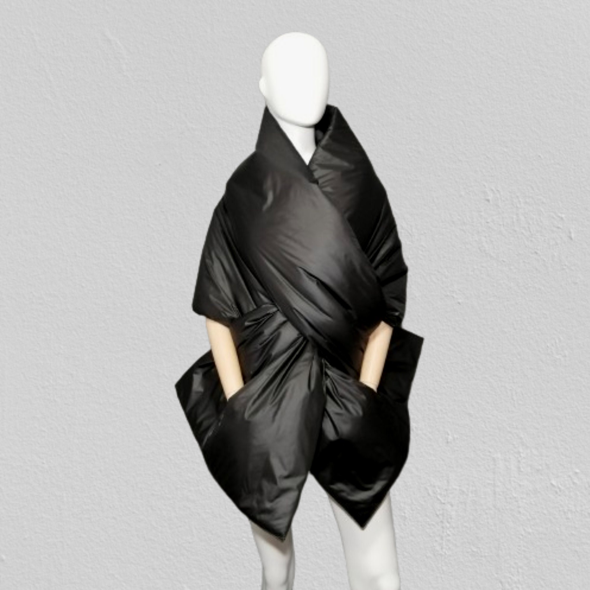 Black Cape Around Shoulders Wrap. Woman's Large Scarf Puffer 20x80 In. Quilted Blanket Shawl. Warm Winter Puffer Jacket