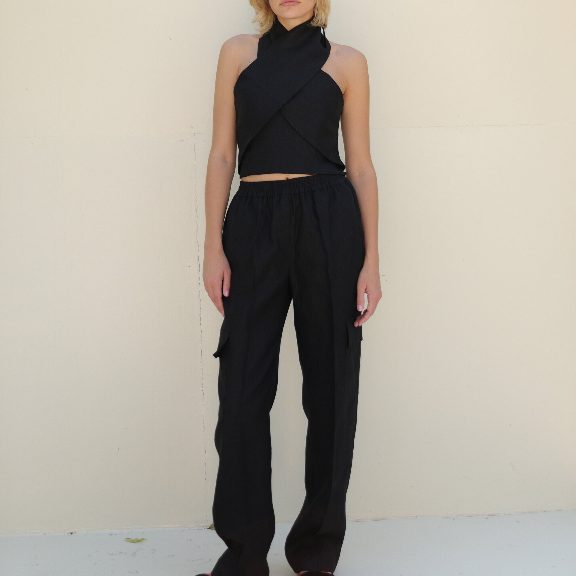 Black Cargo Pants For Women, Linen Straight Pull On Women Urban Trousers With Pockets, Long High Waist