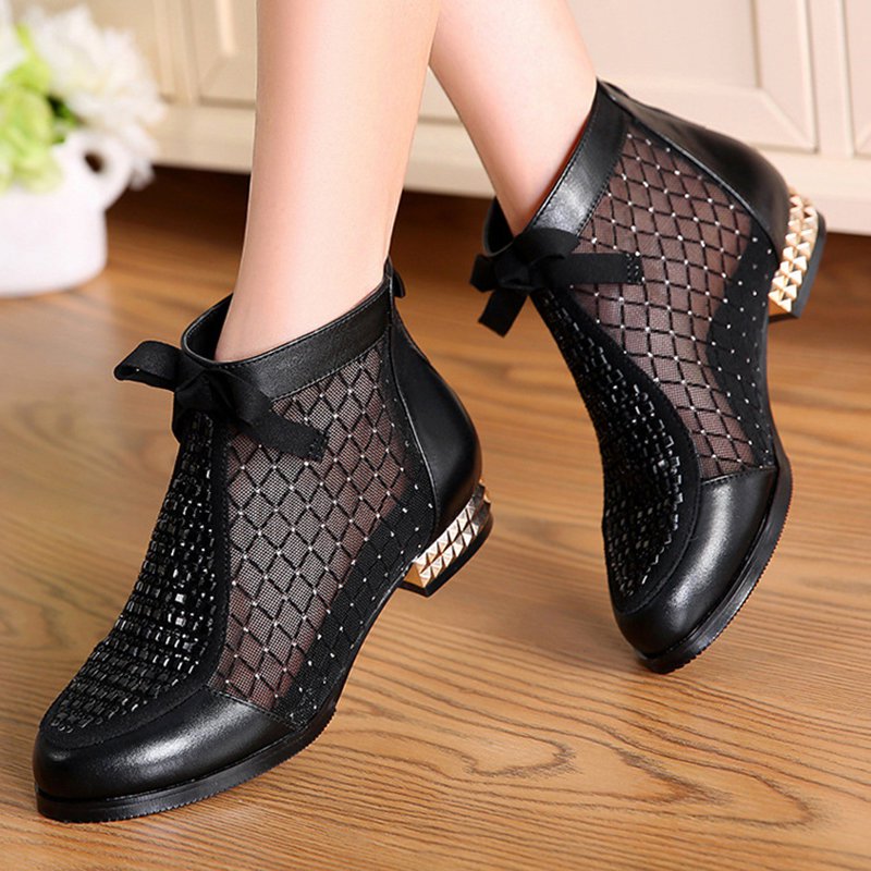 Black Chunky Heel Bowknot Casual Mesh Boots