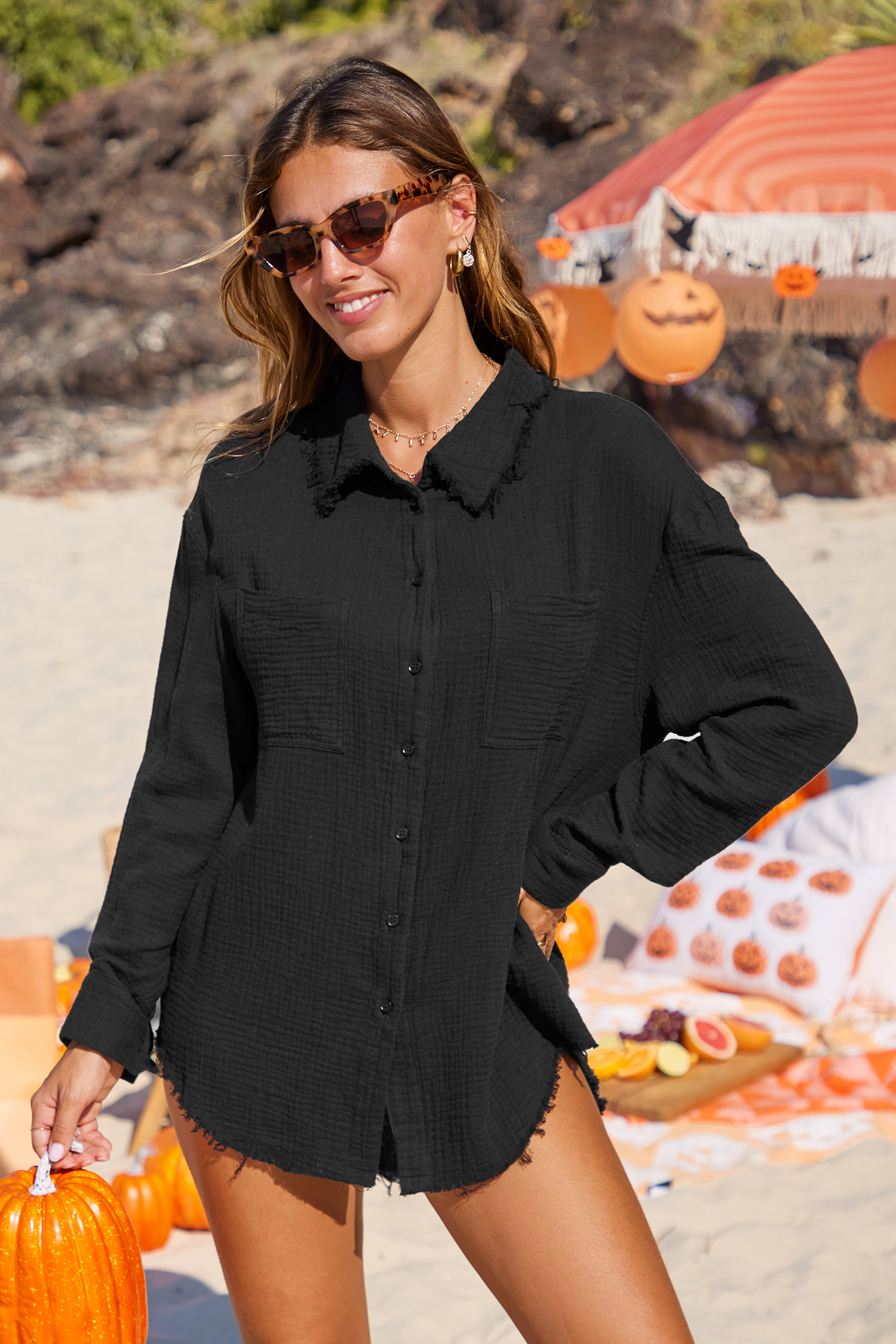 Black Collared Button-Up Frayed Hem Shacket - XL