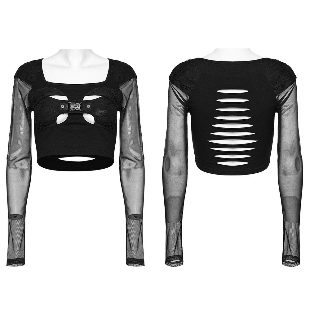 Black Crop Top with Long Mesh Sleeves and Skull Buckle