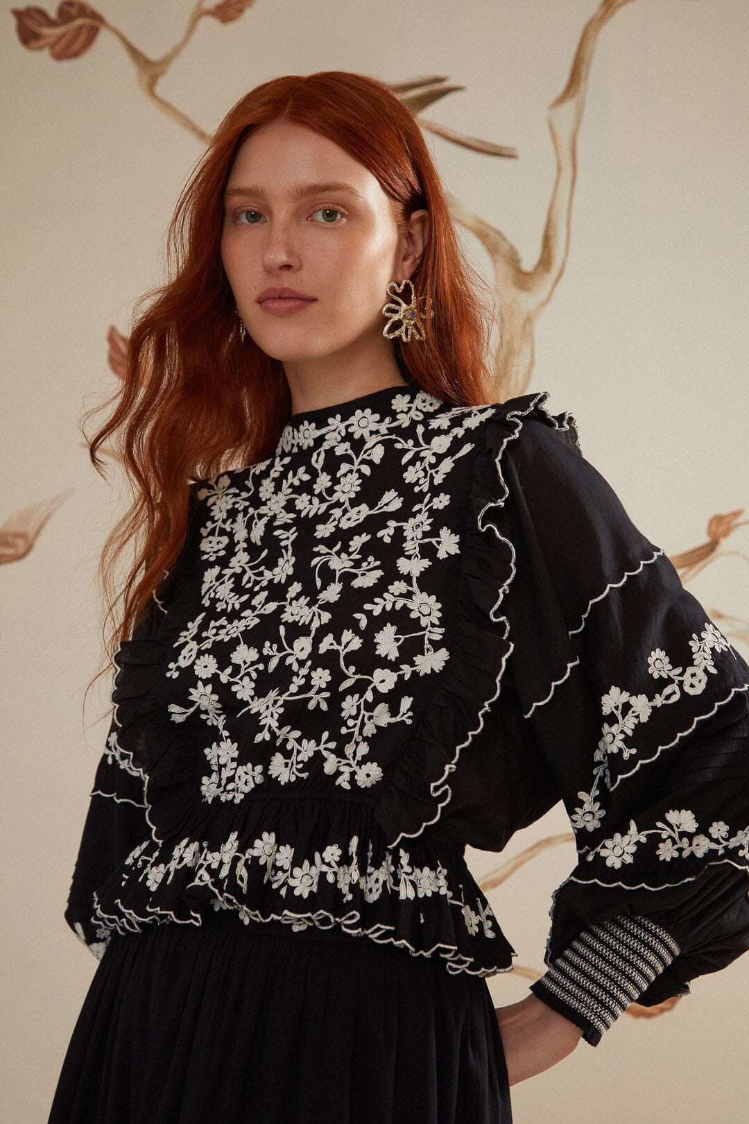 Black Embroidered Ruffle Longe Sleeve Blouse, BLACK / XXS