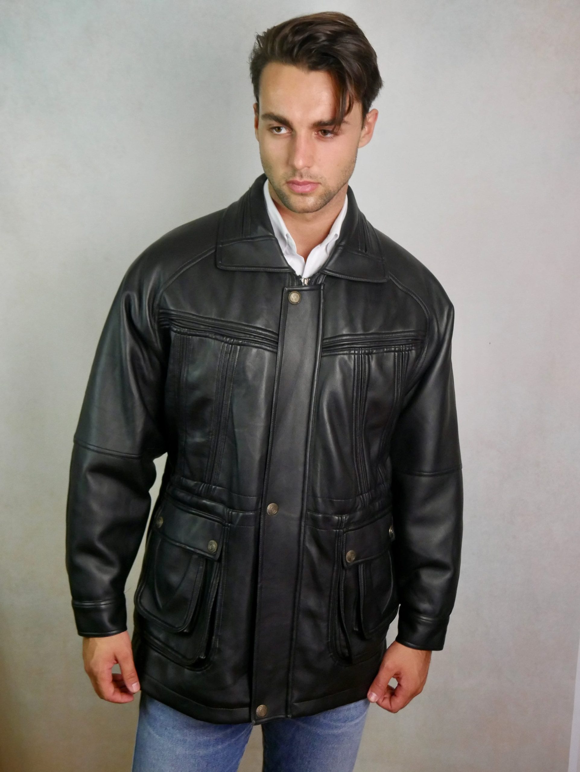 Black Faux Leather Jacket, 90S Italian Vintage Coat, Size Extra Large | 46 To 48 Us/Uk