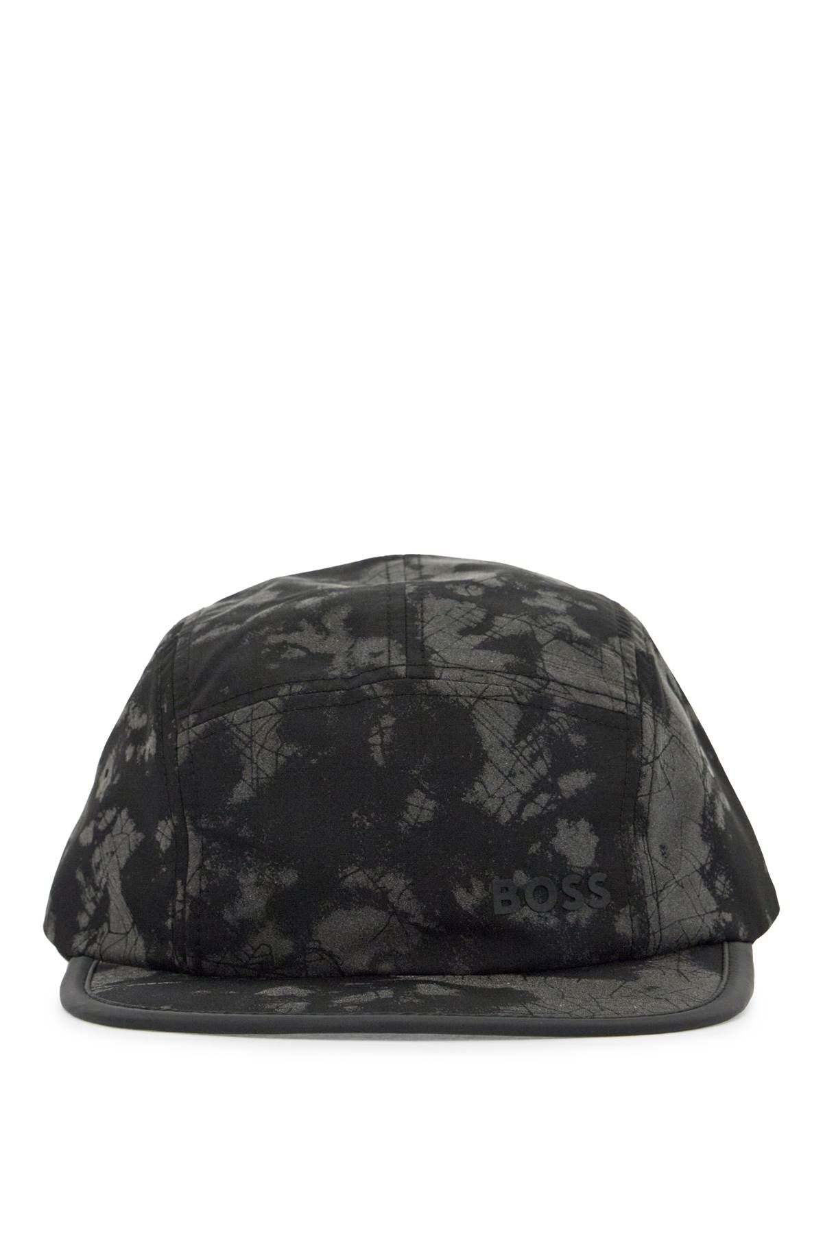 Black Flat Brim Hat With Graphic Print And Adjustable Closure