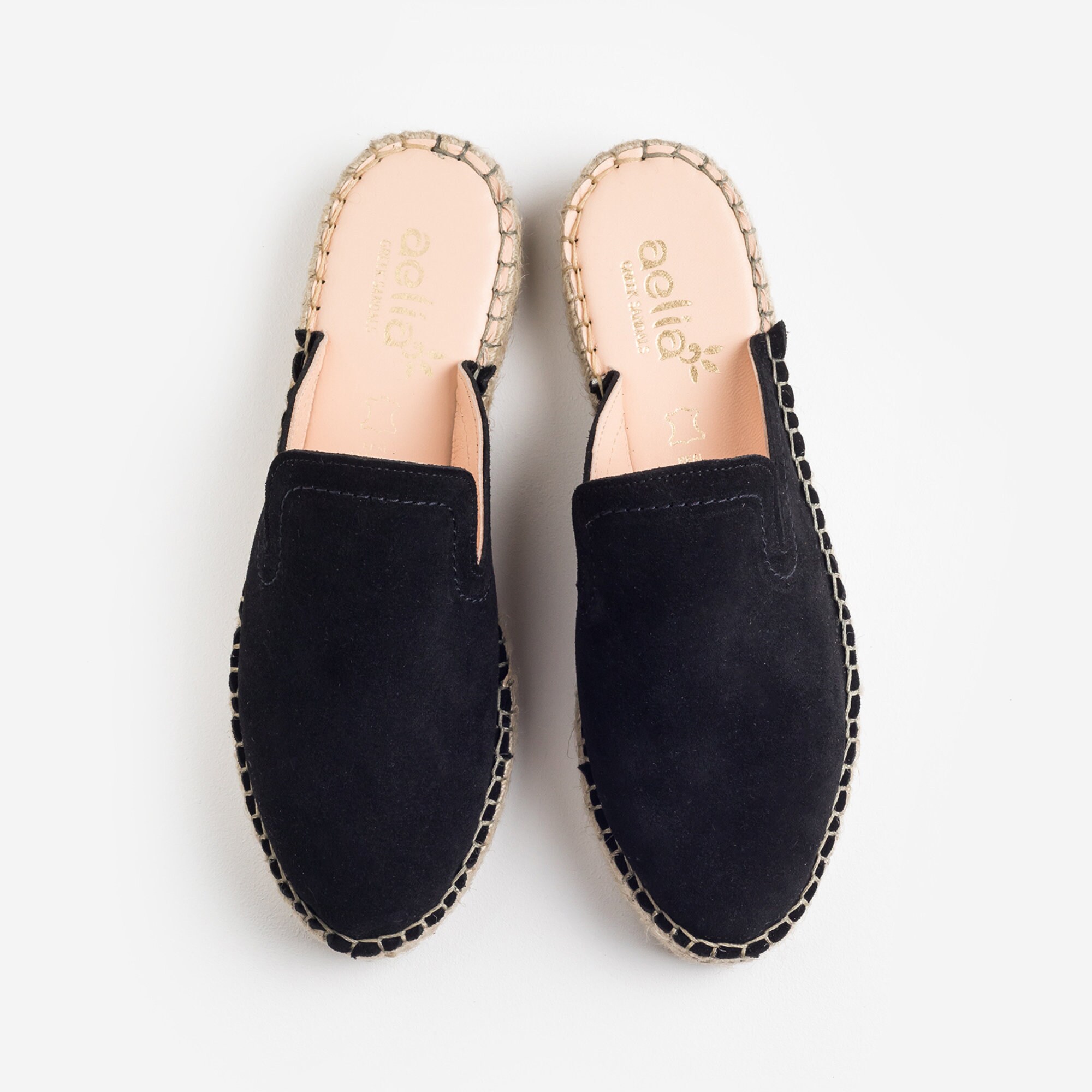 Black Flat Leather Mules Espadrilles Suede . Handmade in Greece, Comfy Flat Woman Shoes, Split Leather Shoes