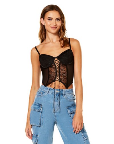 Black Floral Lace-Up Corset Top