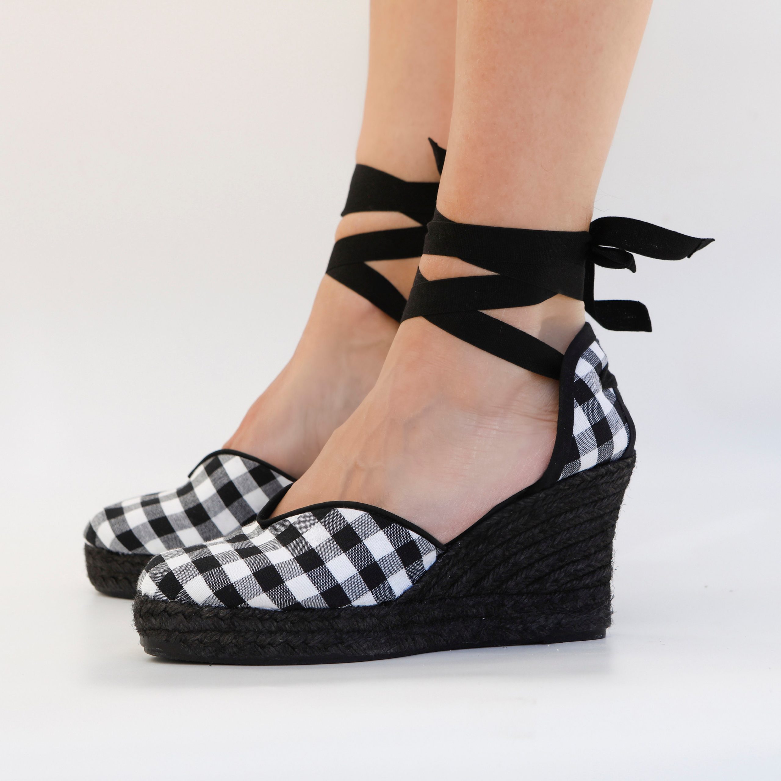 Black Gingham Espadrilles, High Wedges, Vichy Cotton Canvas Women's Sandals